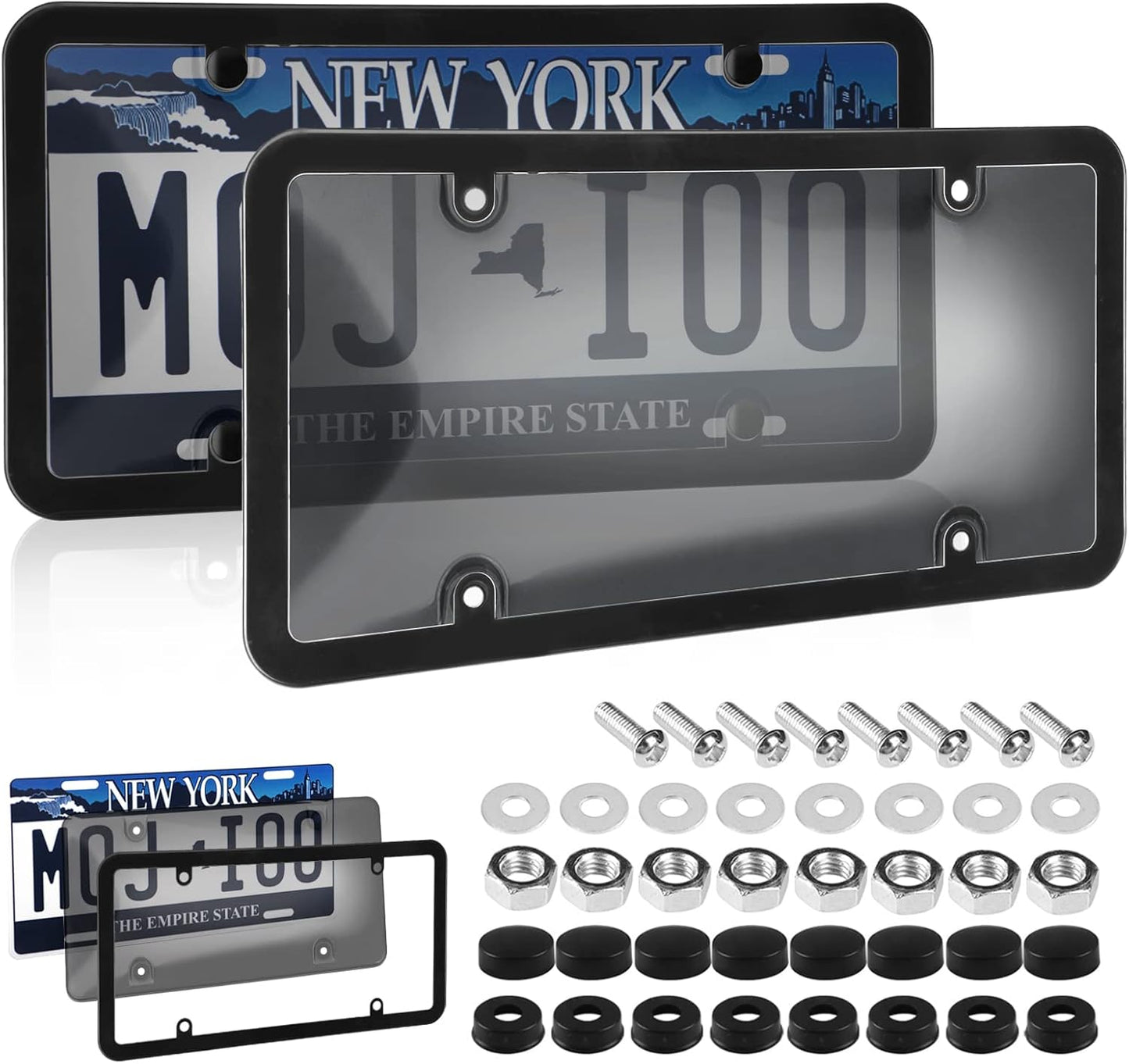 2-Pack Unbreakable Smoked License Plate Covers - Bubble Design - Tinted Frame Shield, Standard US Plates, Screws, Caps