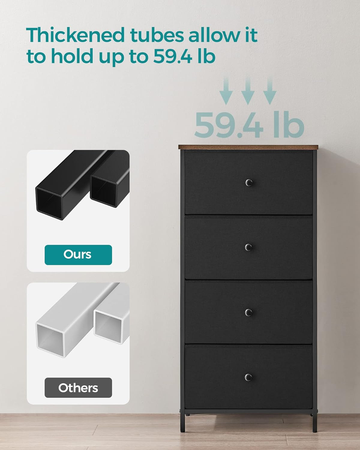 Fabric Dresser with 4 Drawers and Metal Frame - Compact Chest of Drawers in Ebony Black and Rustic Brown