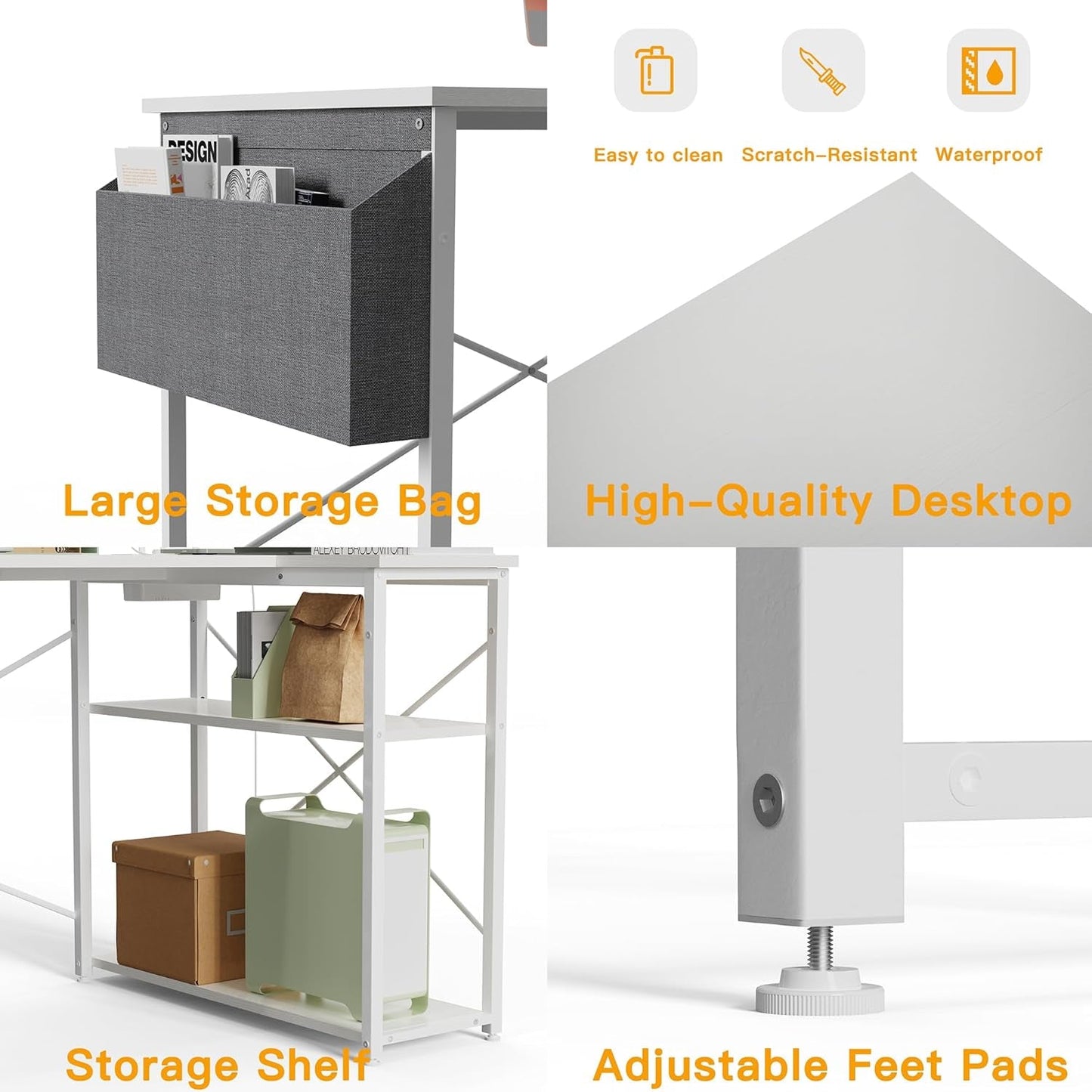 L-Shaped Computer Desk with Power Outlets, 40-Inch Reversible Shelves - Gaming and Home Office Use in Small Spaces, White