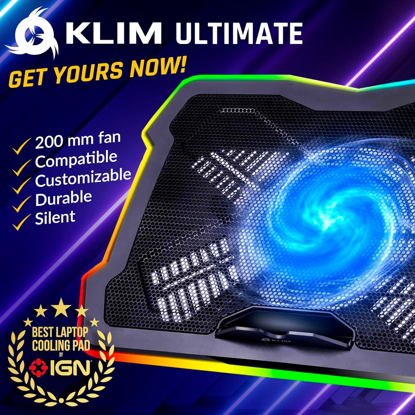 RGB Laptop Cooling Pad with LED Rim - Gaming Laptop Cooler - USB Powered Fan - Stable and Silent Stand - Compatible with Up to 17" Laptops - Black