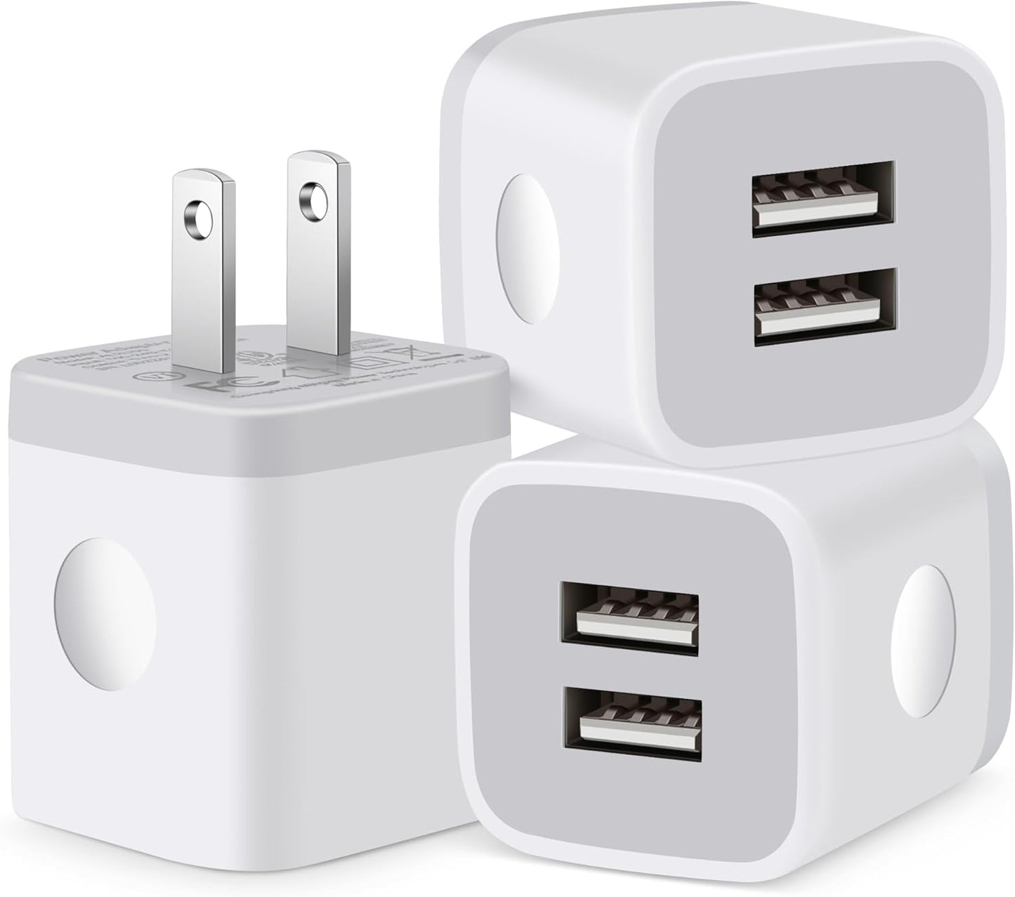3-Pack 2.1A Dual Port USB Wall Charger - Power Adapter for iPhone, Samsung, Moto, LG, and Android Devices