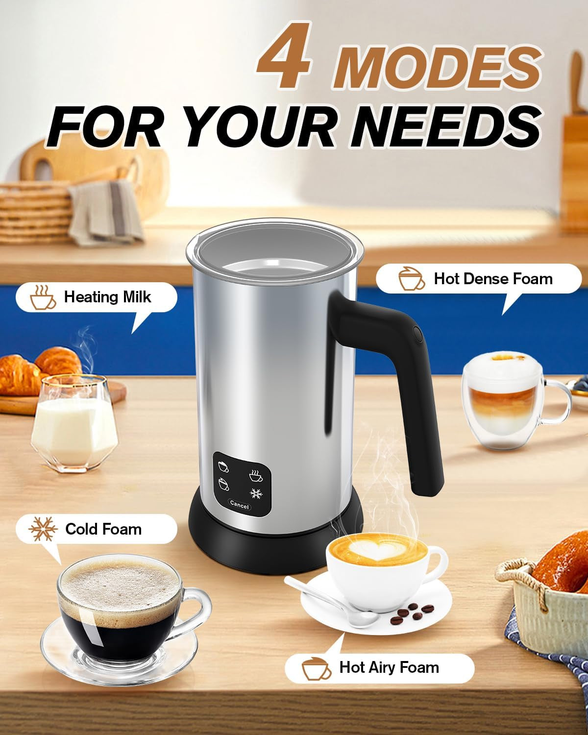 Electric Milk Frother and Steamer, 4-in-1 10 Oz Automatic Foam Maker for Latte and Cappuccino, Stainless Steel Hot and Cold Frothing Device