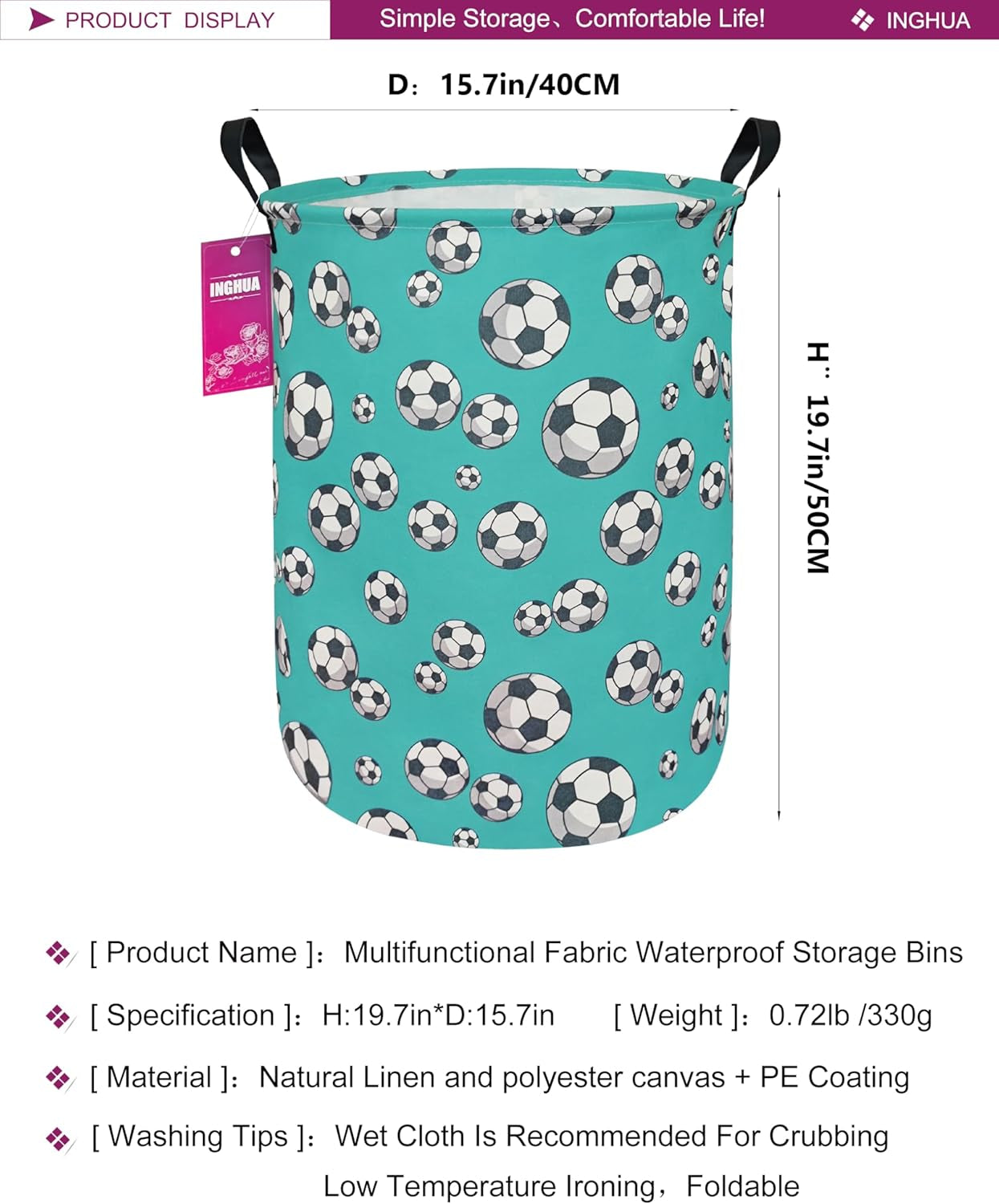 Laundry Hamper Large Canvas Fabric Lightweight Storage Basket/Toy Organizer/Dirty Clothes Collapsible Waterproof for College Dorms, Boys and Girls Bedroom,Bathroom(Football)
