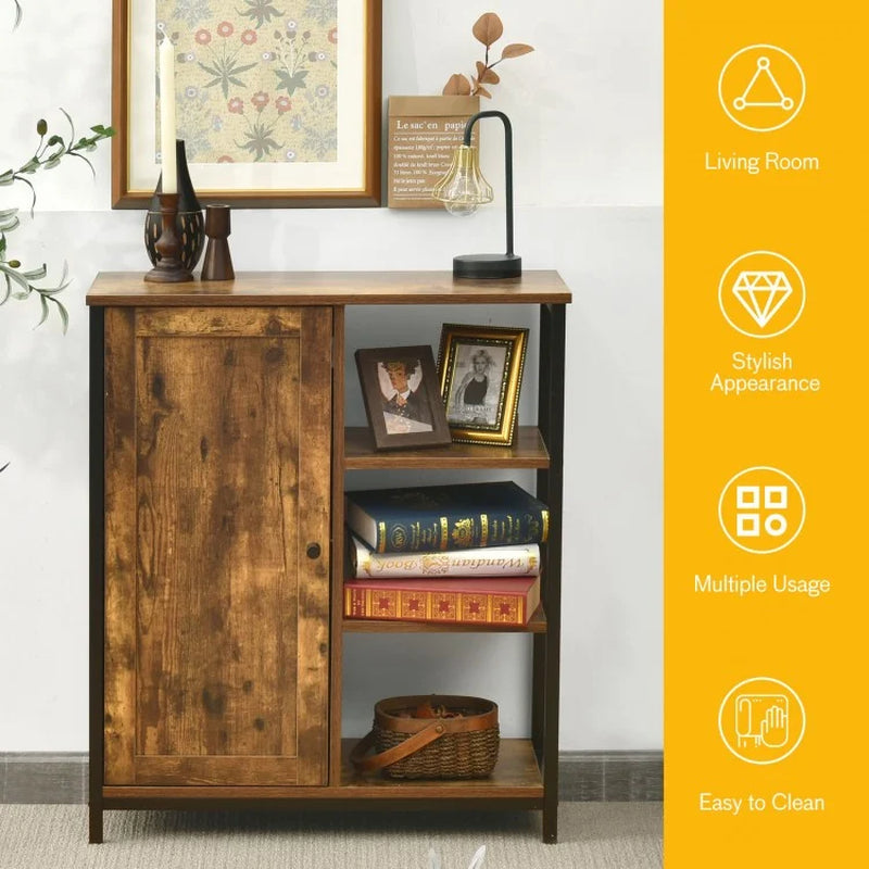 Freestanding Multi-Functional Storage Cabinet with Three Open Shelves and Doors