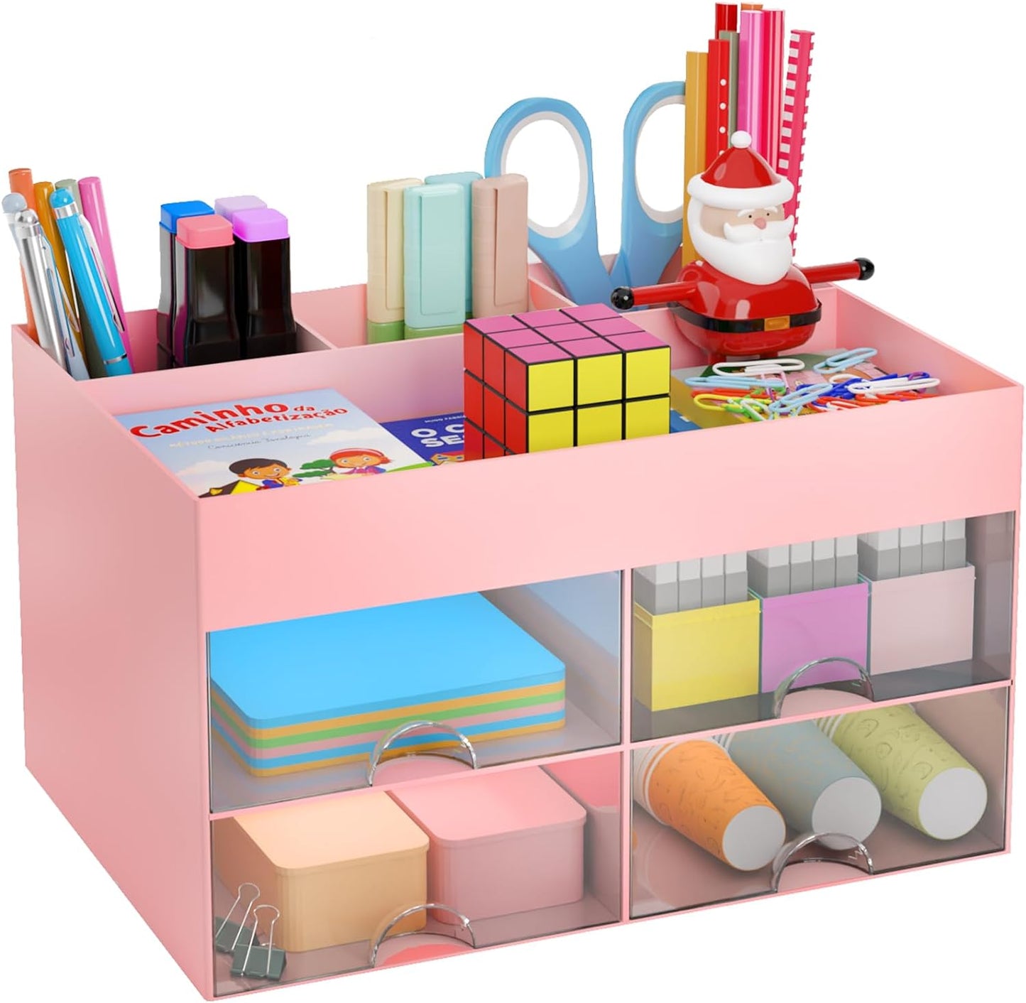 4-Section Drawer Organizer with Dual Pen Holders for Desktop Storage - Versatile Plastic Makeup and Desk Organizer for Home, School, and Office Supplies (White)
