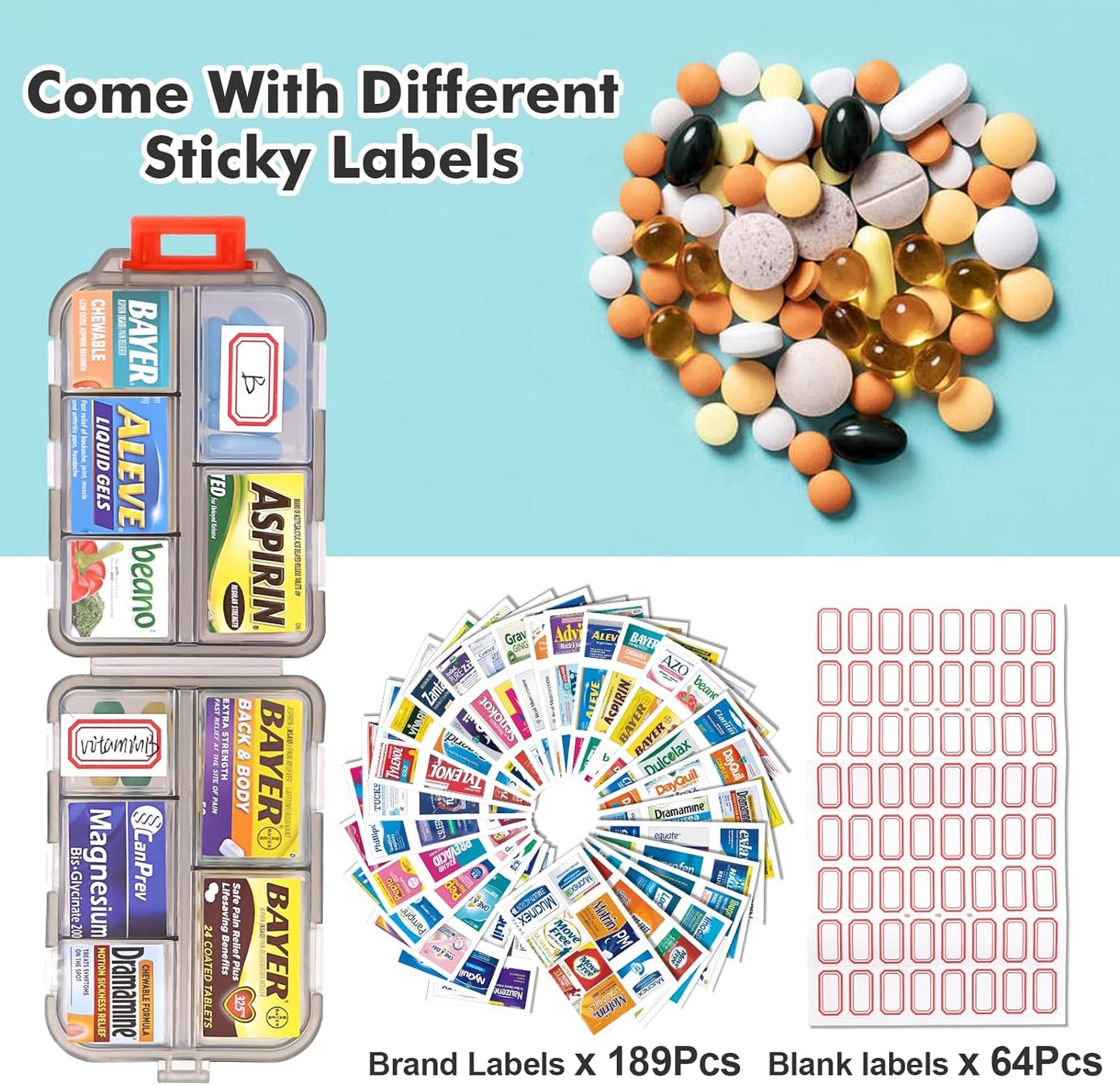 Portable Travel Pill Organizer with 260 Labels and 10 Compartments - Weekly Medication Container Case for Travel Essentials (Grey)