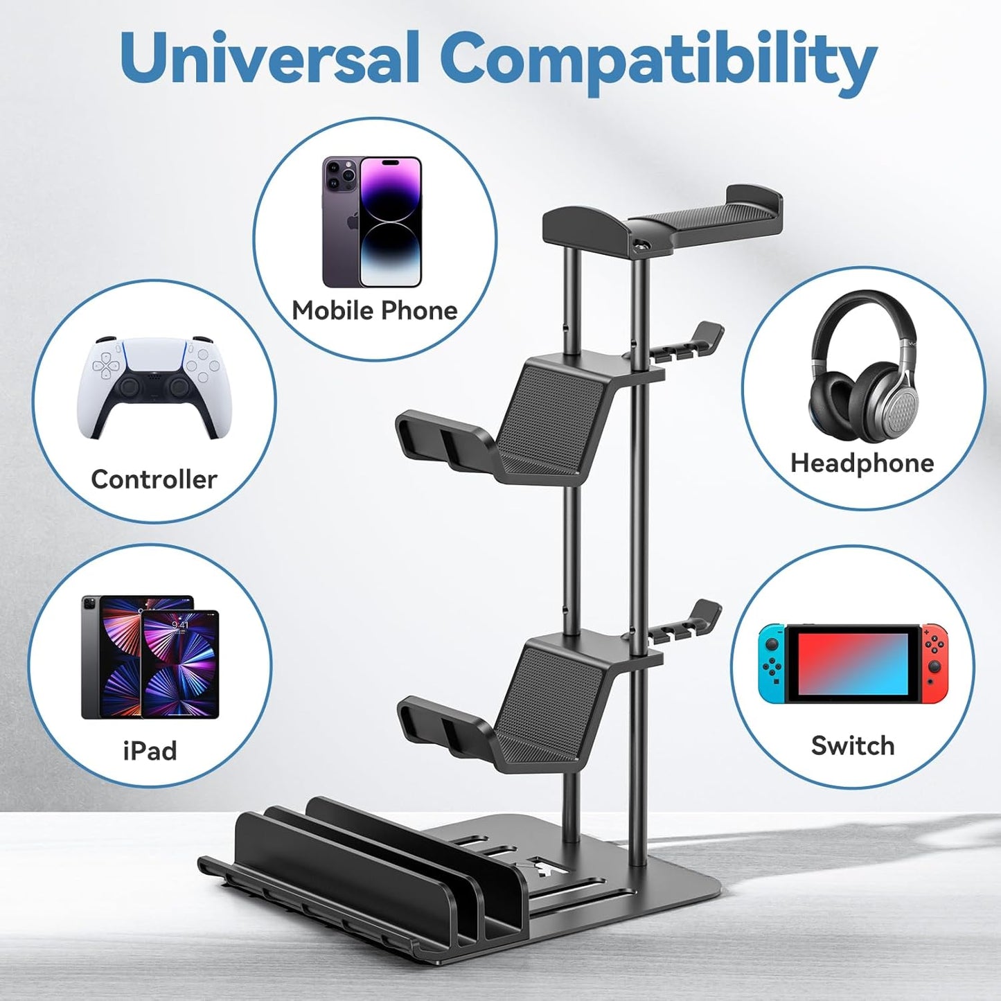 Premium Headphone and Game Controller Stand with Aluminum Support Bar - Universal Organizer for Headphones, Controllers, Switch, iPad, and Mobile Phones