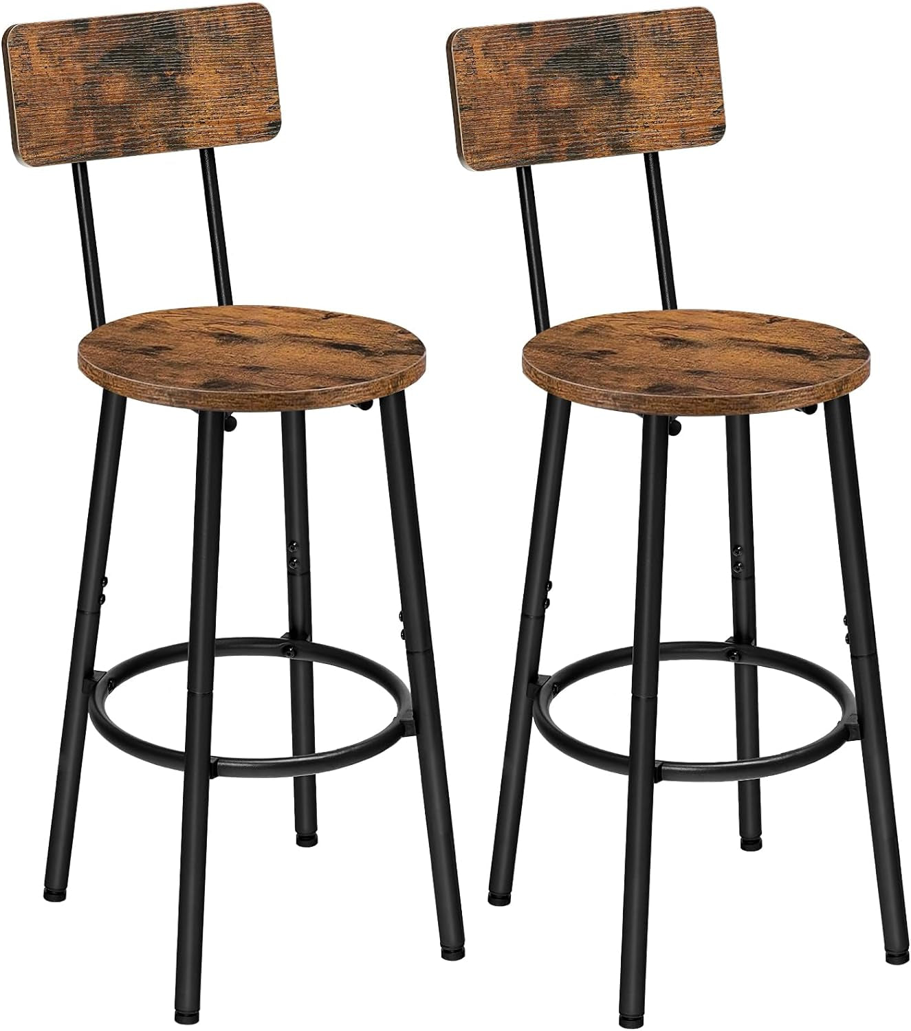 Set of 2 Adjustable Bar Stools with Footrest and Backrest, Rustic Brown and Black, Easy Assembly for Kitchen, Living Room, Bar