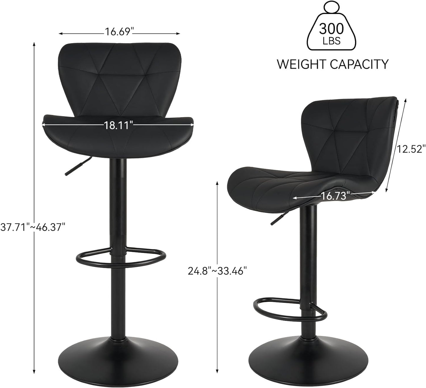 Set of 2 Adjustable Faux Leather Upholstered Swivel Bar Stools with Back for Kitchen Island, Counter Height, Black