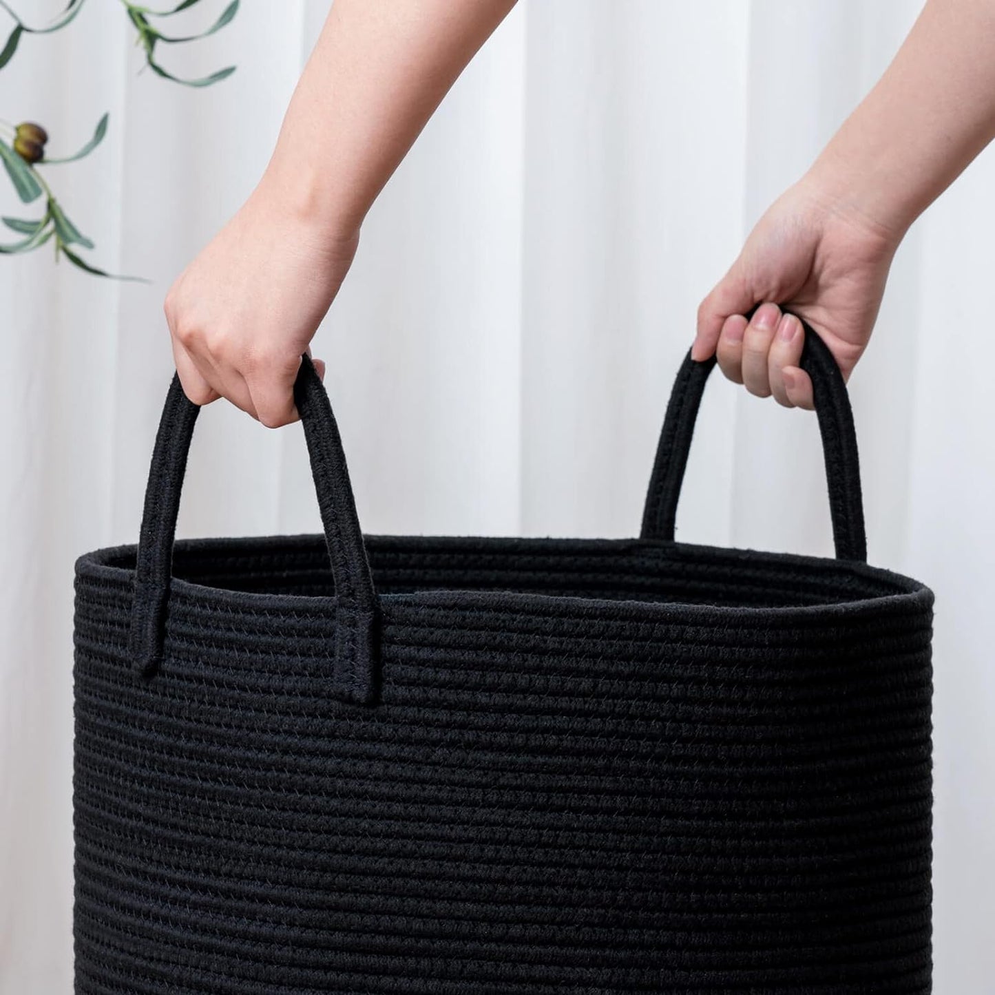 Large Woven Laundry Basket - Tall Rope Hamper for Clothes, Toys, Towels, and Blankets - Black, 15 x 20 Inches