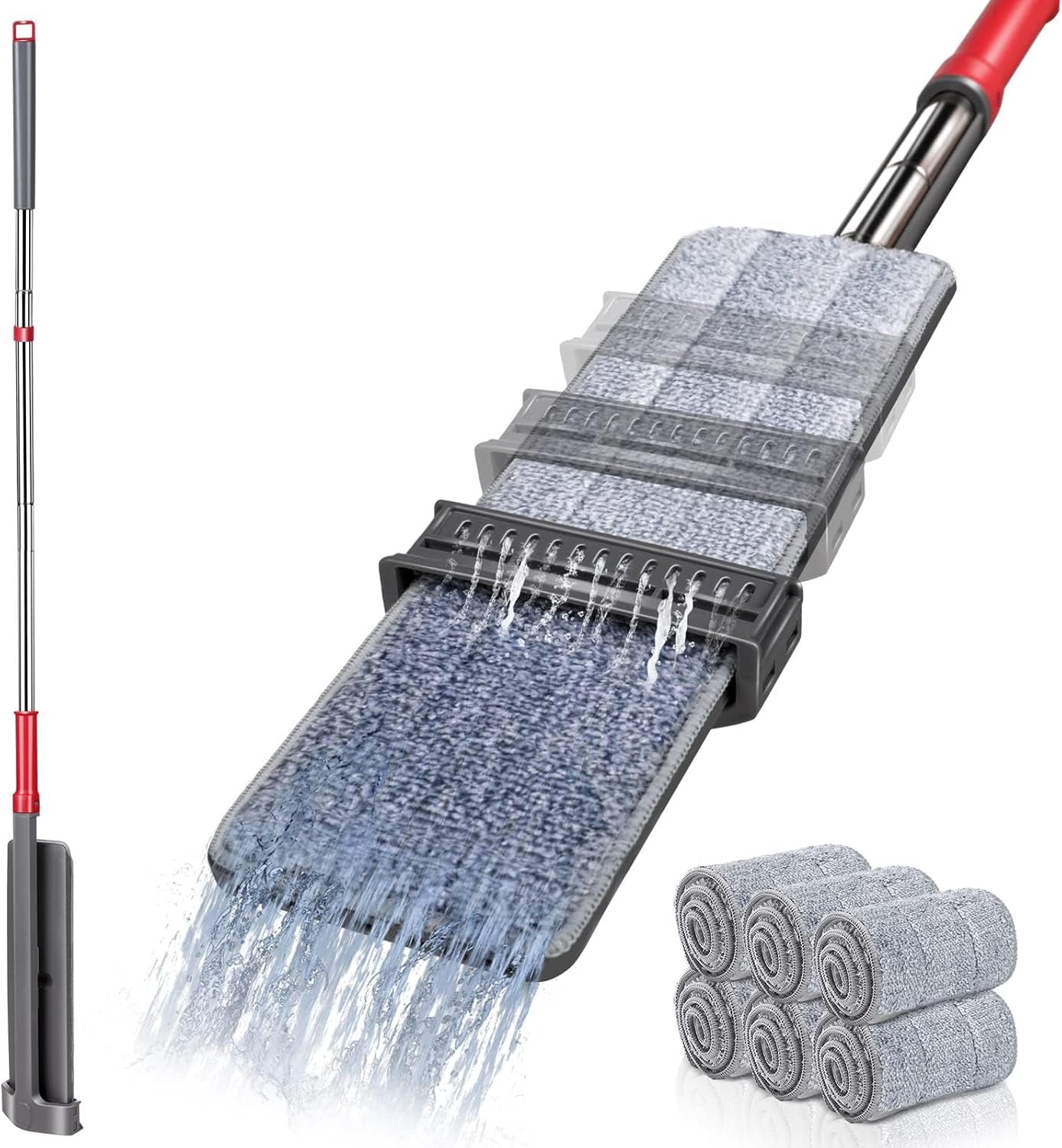 Self-Wringing Microfiber Flat Mop with 6 Washable Pads - Hands-Free Cleaning Solution for Hardwood, Laminate, and Tile Floors - Grey
