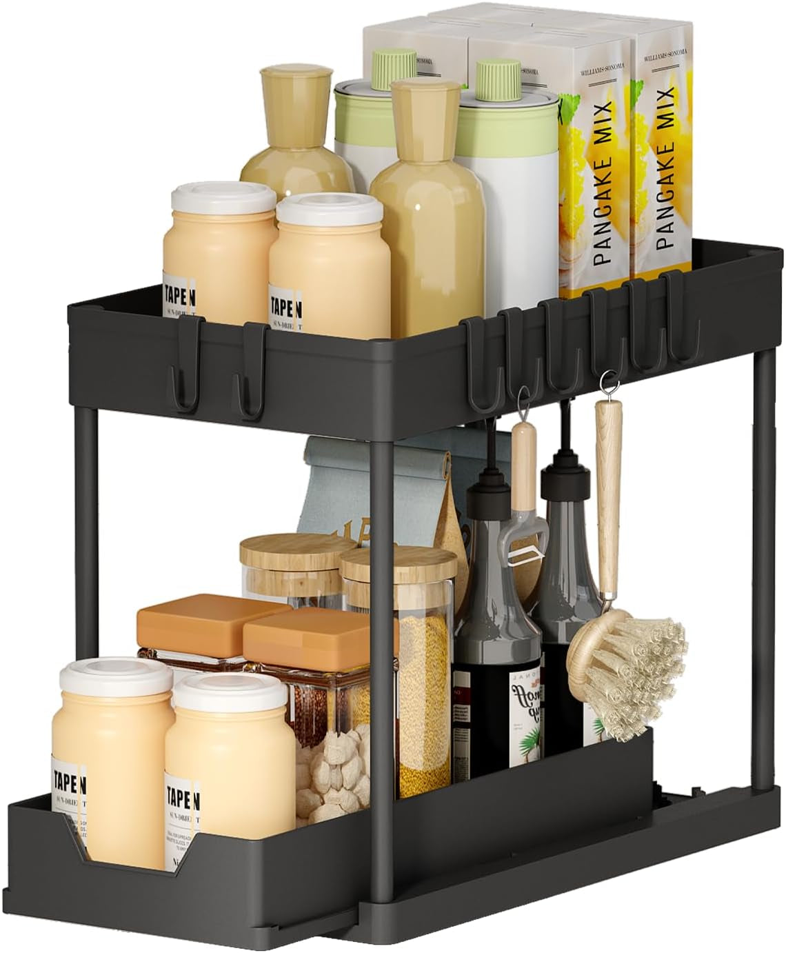 Under Sink Organizer and Storage Solution - 2-Tier Cabinet Shelf with 8 Hooks and Spice Rack for Kitchen and Bathroom