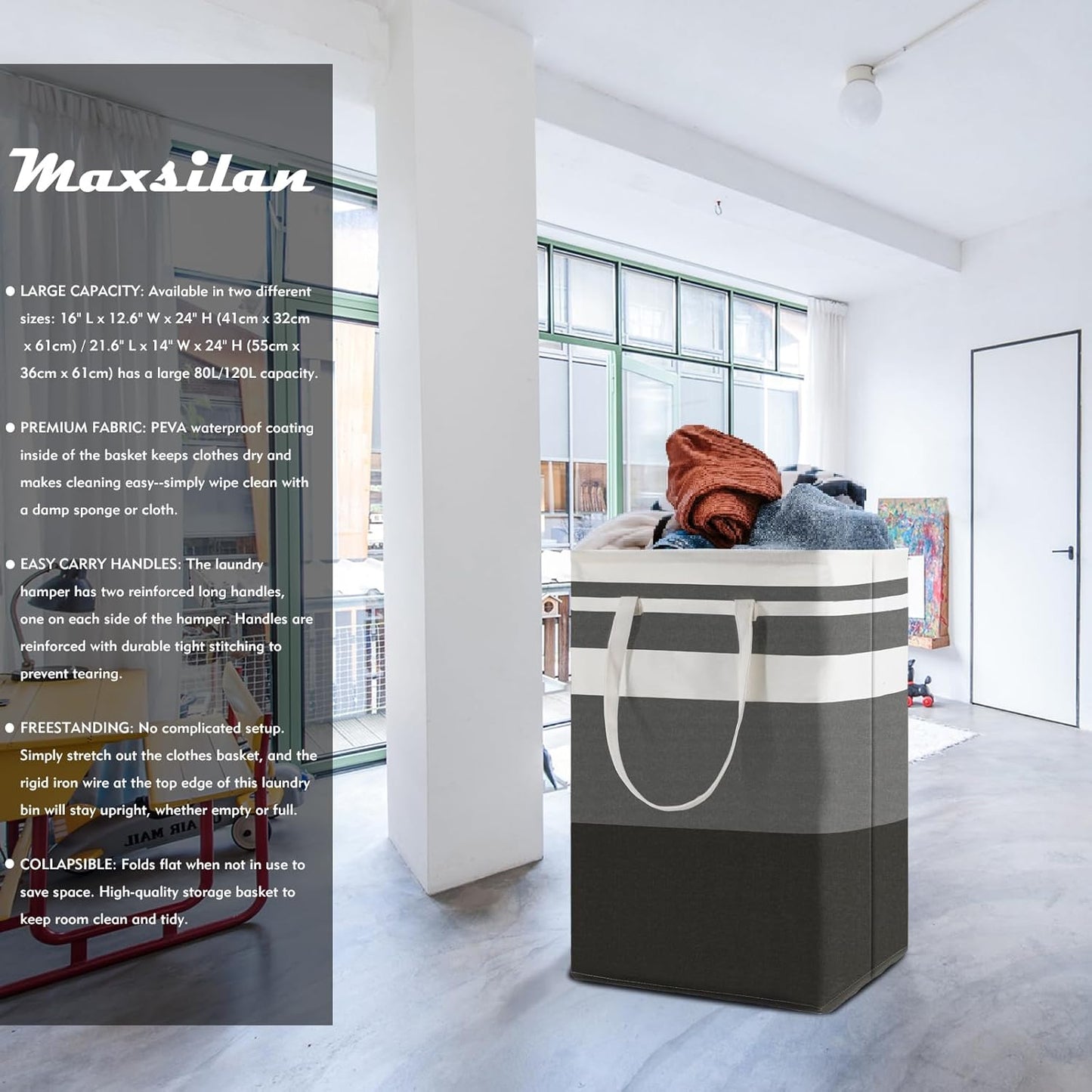 80L 3-Pack Freestanding Laundry Basket with Extended Handle, Collapsible Large Cotton Clothes Hamper Storage Basket, Gradient Grey