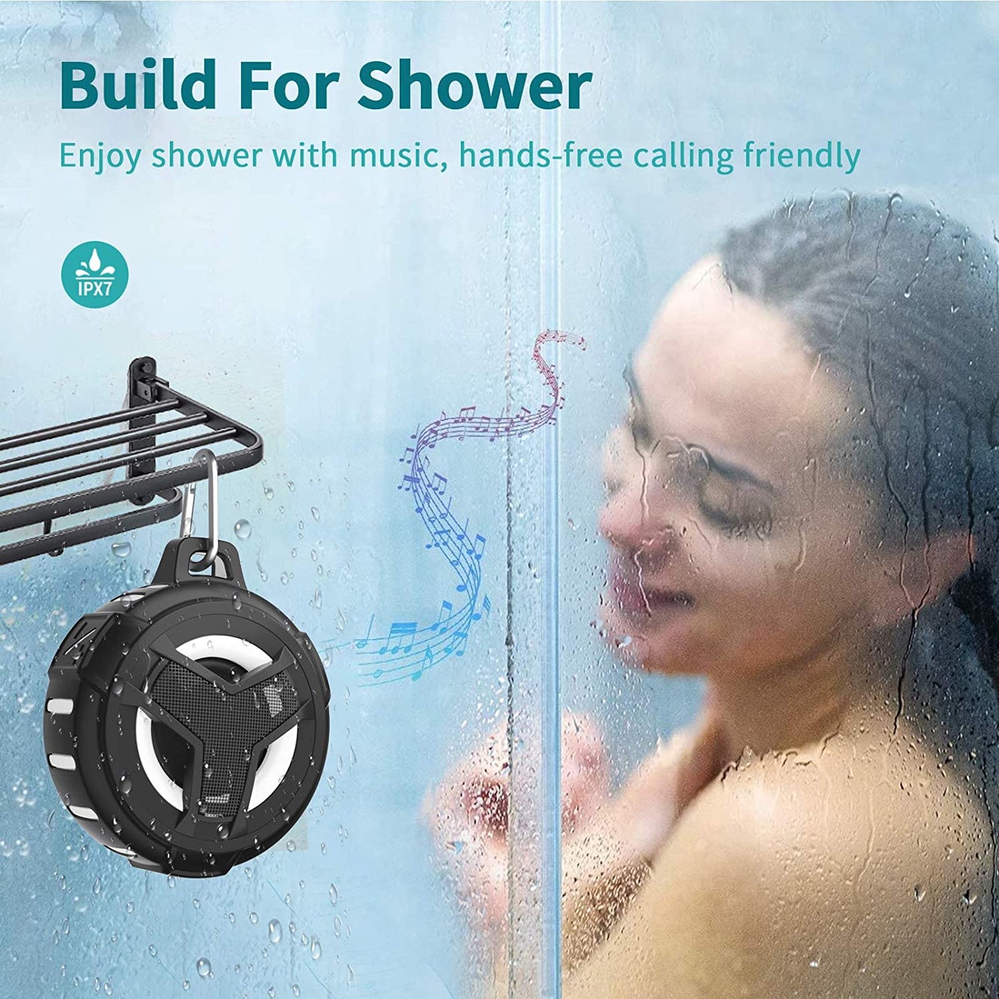 Bluetooth Shower Speaker - Portable IP67 Waterproof Wireless Speaker with LED Light, Floating Design, 2000mAh Battery, True Wireless Stereo for Outdoor Activities - Black