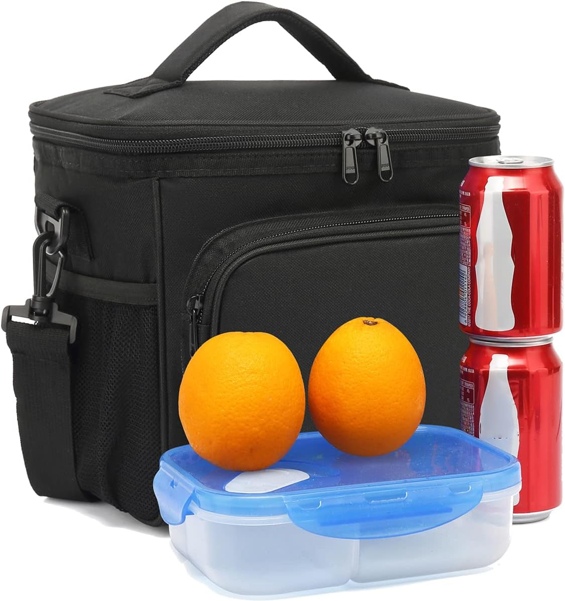 Insulated Lunch Bag for Adults - Spacious Cooler Tote with Adjustable Strap, Front Pocket, and Dual Large Mesh Side Pockets in Black