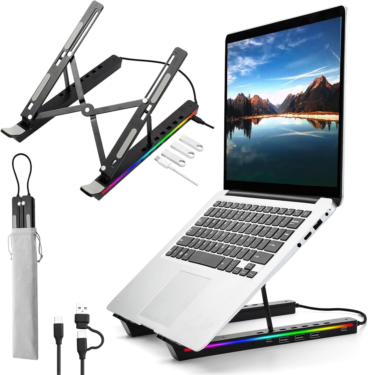 Laptop Stand with Usb、Type C and RGB Lights, Aluminum Adjustable Foldable Laptop Stand for Desk, Ergonomic Portable Laptop Riser Holder