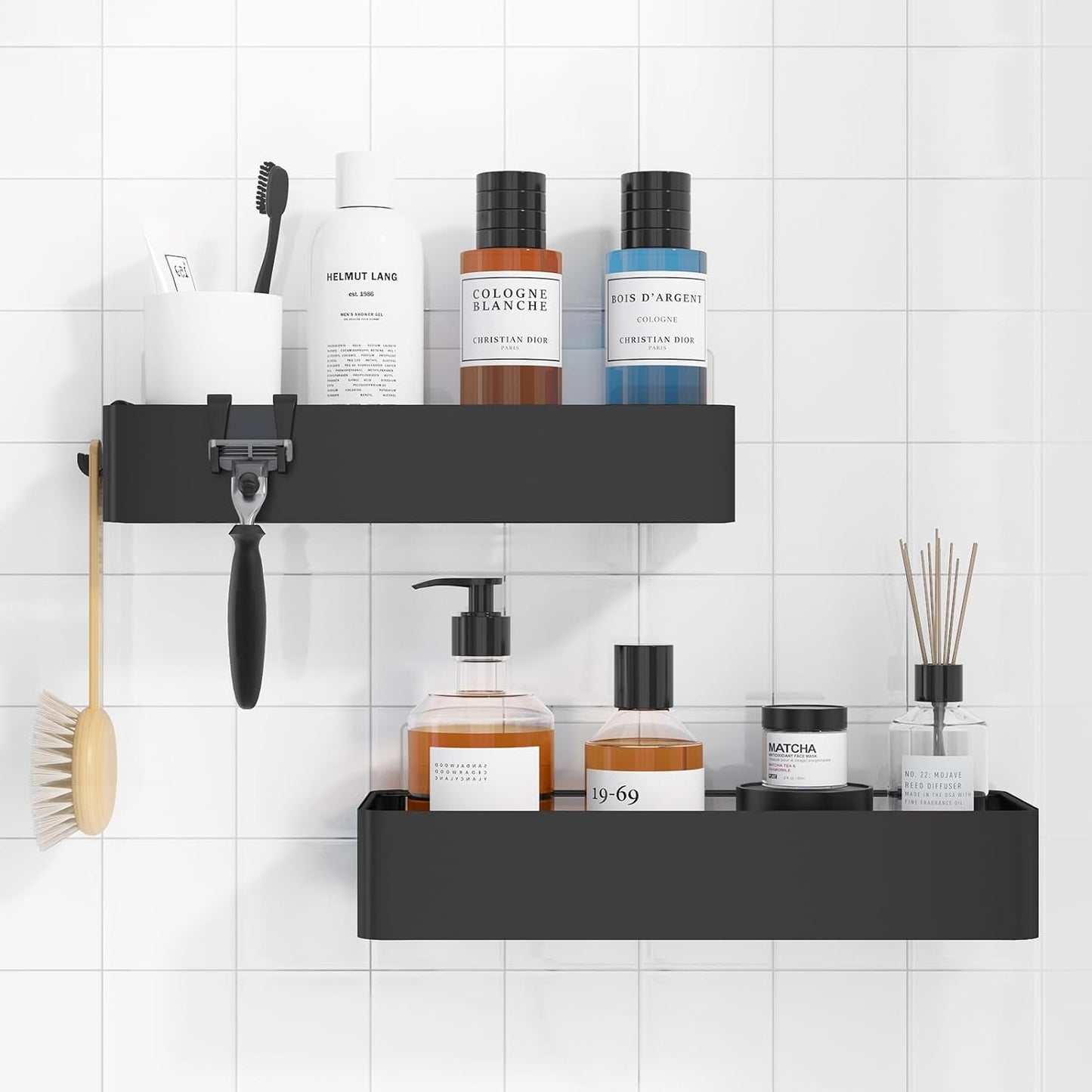 Set of 2 Adhesive Shower Caddies - Rustproof, Drill-Free Organizers with Elegant - Black