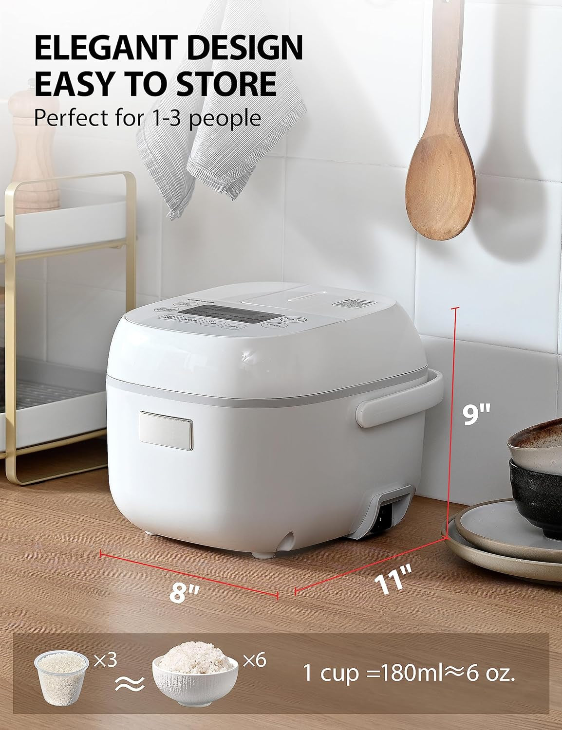 Rice Cooker Small 3 Cup Uncooked – LCD Display with 8 Cooking Functions, Fuzzy Logic Technology, Delay Timer. Auto Keep Warm, Non-Stick Inner Pot, White