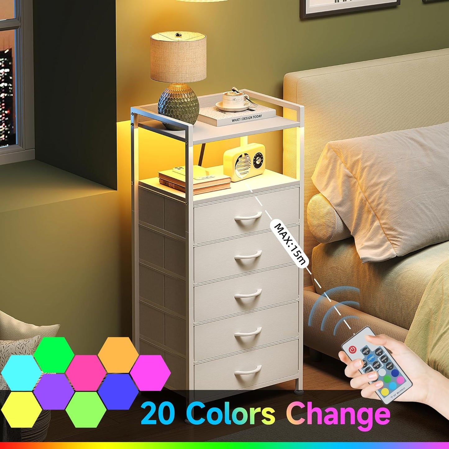 Elegant White Nightstands - 5 Storage Drawers, Tall Bedroom Dresser, LED Light Charging Station, Shelf Side Table, Metal Frame