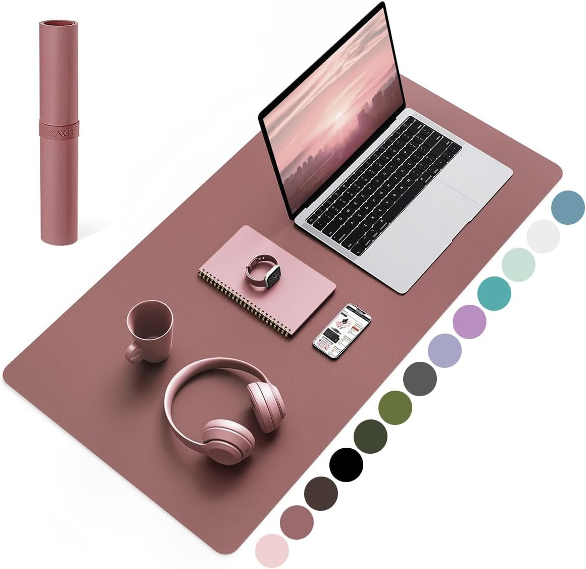 Non-Slip Waterproof PVC Leather Desk Pad, Ultra-Thin Large Mouse Pad, Easy-Clean Writing Mat (Olive Green, 31.5" x 15.7")