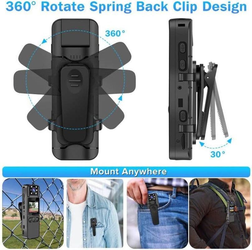 Professional Body Camera with Audio and Video Recording, 6-Hour HD 1296P, 180° Rotating Lens, Night Vision, 64GB Storage, Compatible with iPhone, Android, Mac, and Windows PC