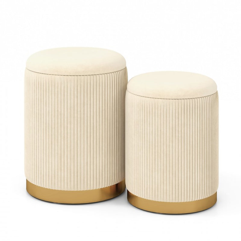 Set of 2 Velvet and Linen Fabric Storage Ottomans