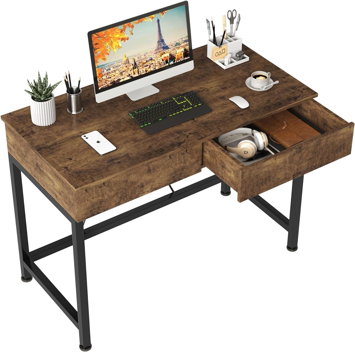 Wood and Metal Computer Desk with Drawers - Versatile Vanity and Makeup Table for Home Office and Small Spaces, 39.4" in White