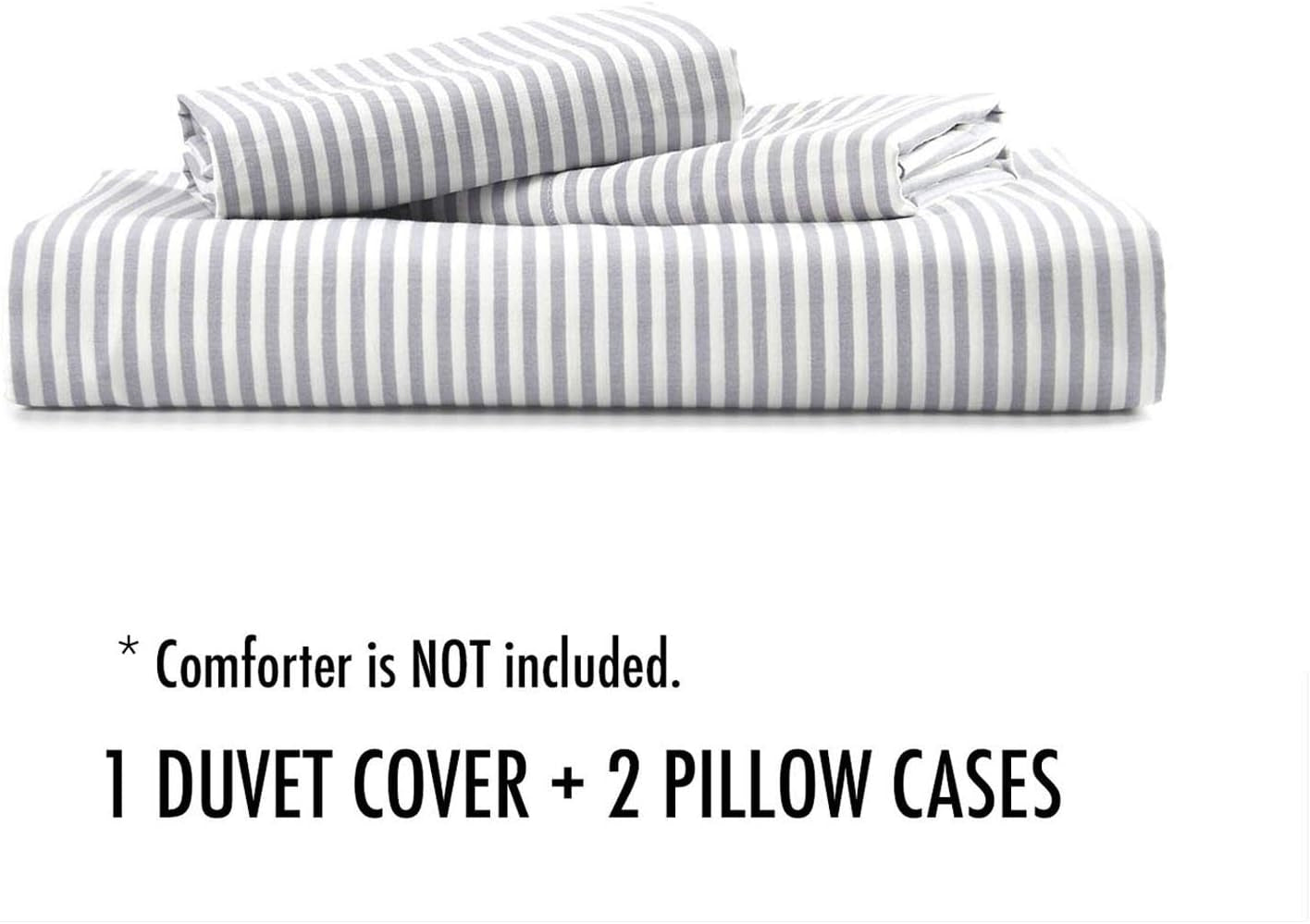 - Striped Duvet Cover Set, 100% Cotton Bedding, Gray Grey Vertical Ticking Stripes Pattern Printed on White, with Zipper Closure (3Pcs, Full Size)