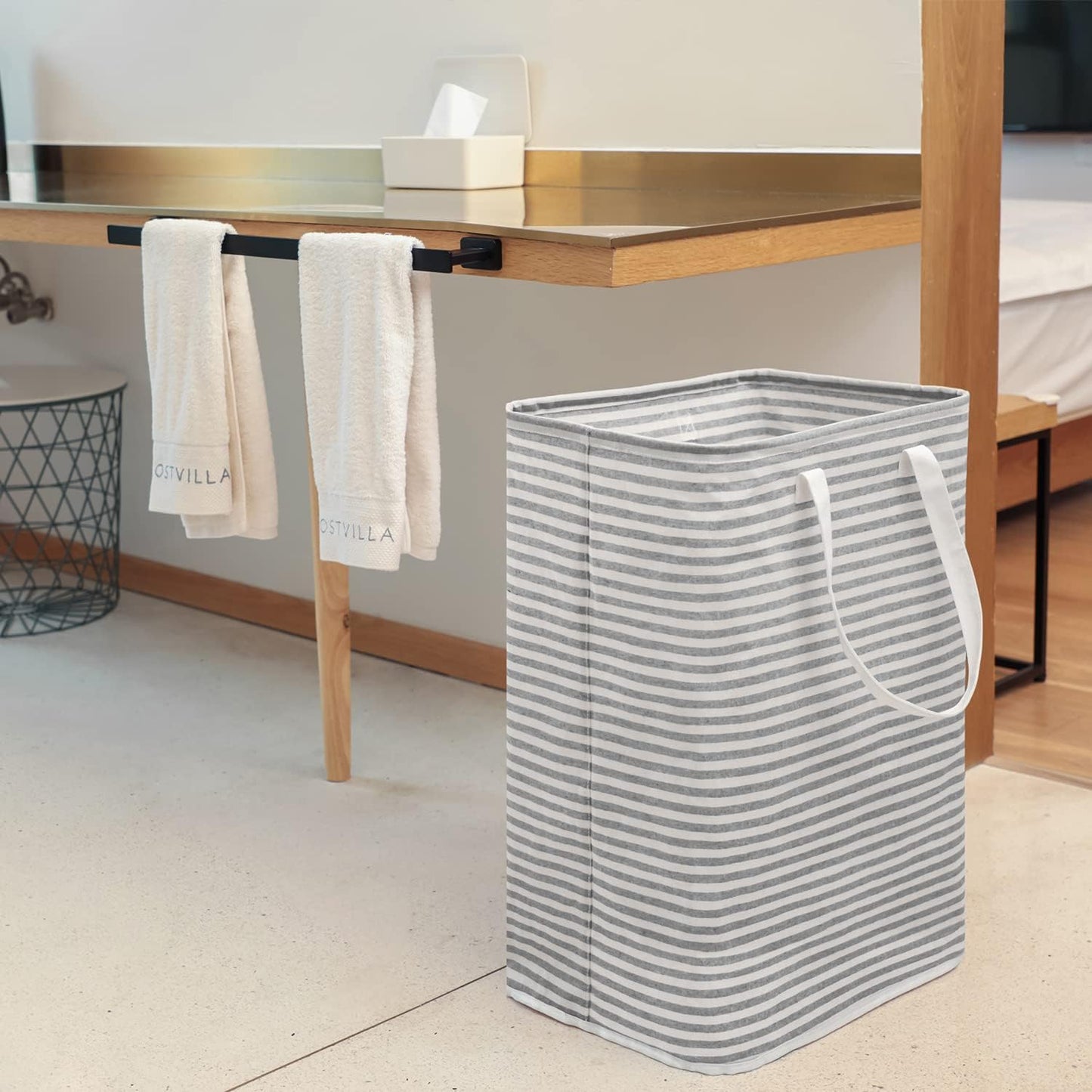 80L Freestanding Laundry Hamper with Handle, Collapsible Large Cotton Storage Basket for Clothes (Grey)