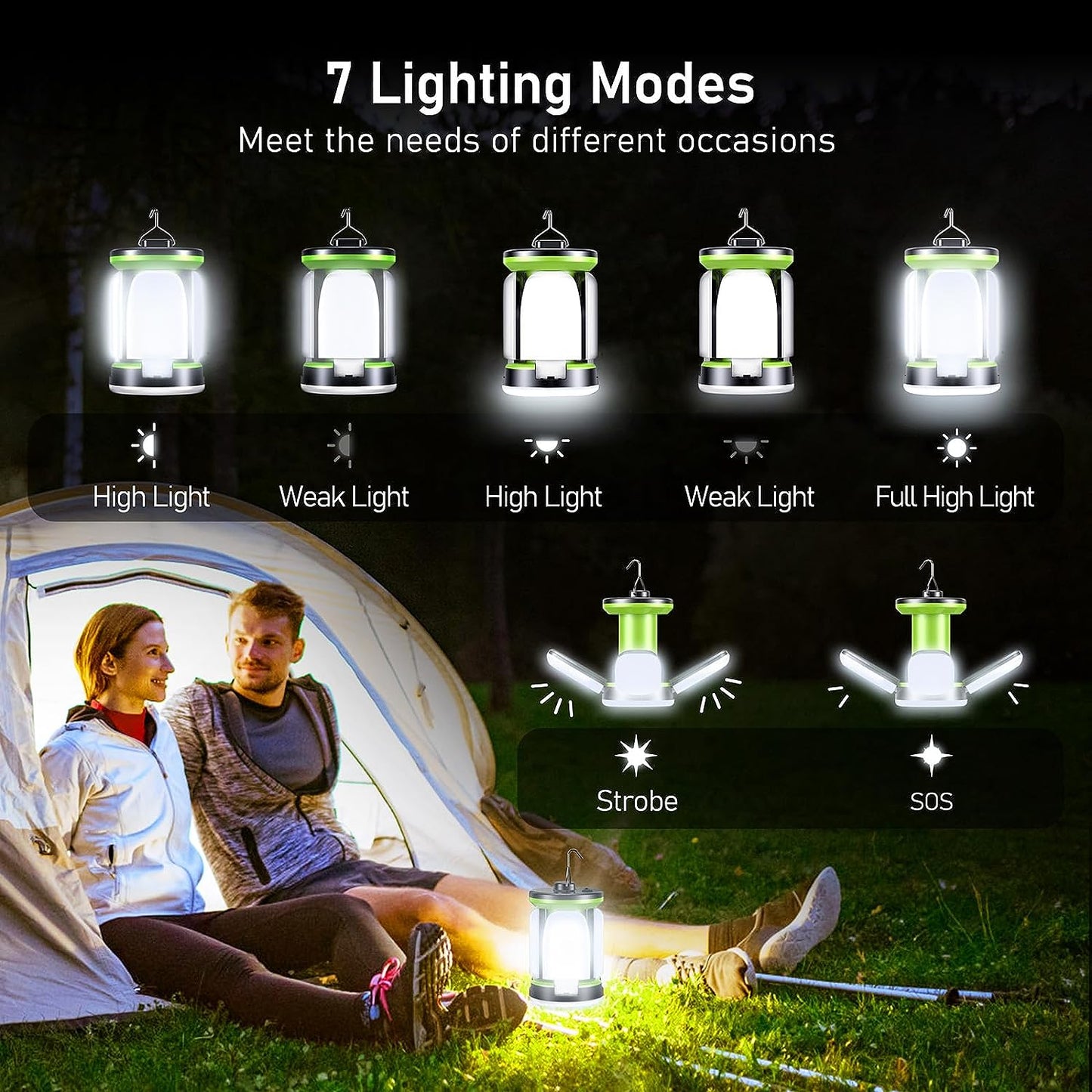 Rechargeable Camping Lantern with 7 Light Modes, 60 Ultra Bright LEDs, 10+ Hours Runtime