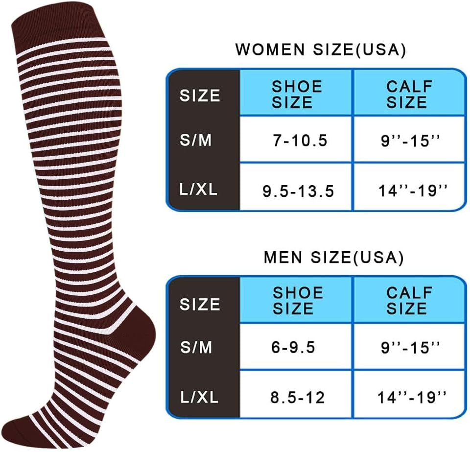 6 Pairs of Compression Socks for Men and Women, 15-20 mmHg Support Stockings for Swelling Relief, Running, Hiking, Travel, and Nursing