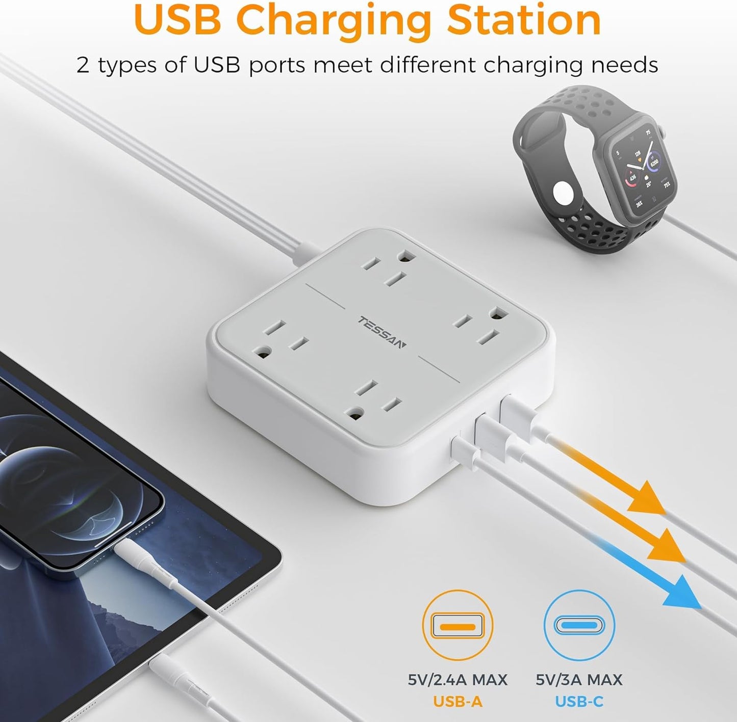 Flat Plug Power Bars Surge Protector, Flat Extension Cord Indoor 10 Feet, Power Strip with 4 Multiple Outlets 3 USB Ports (1 USB C), Surge Protection for Dorm Room Home Office, Gray