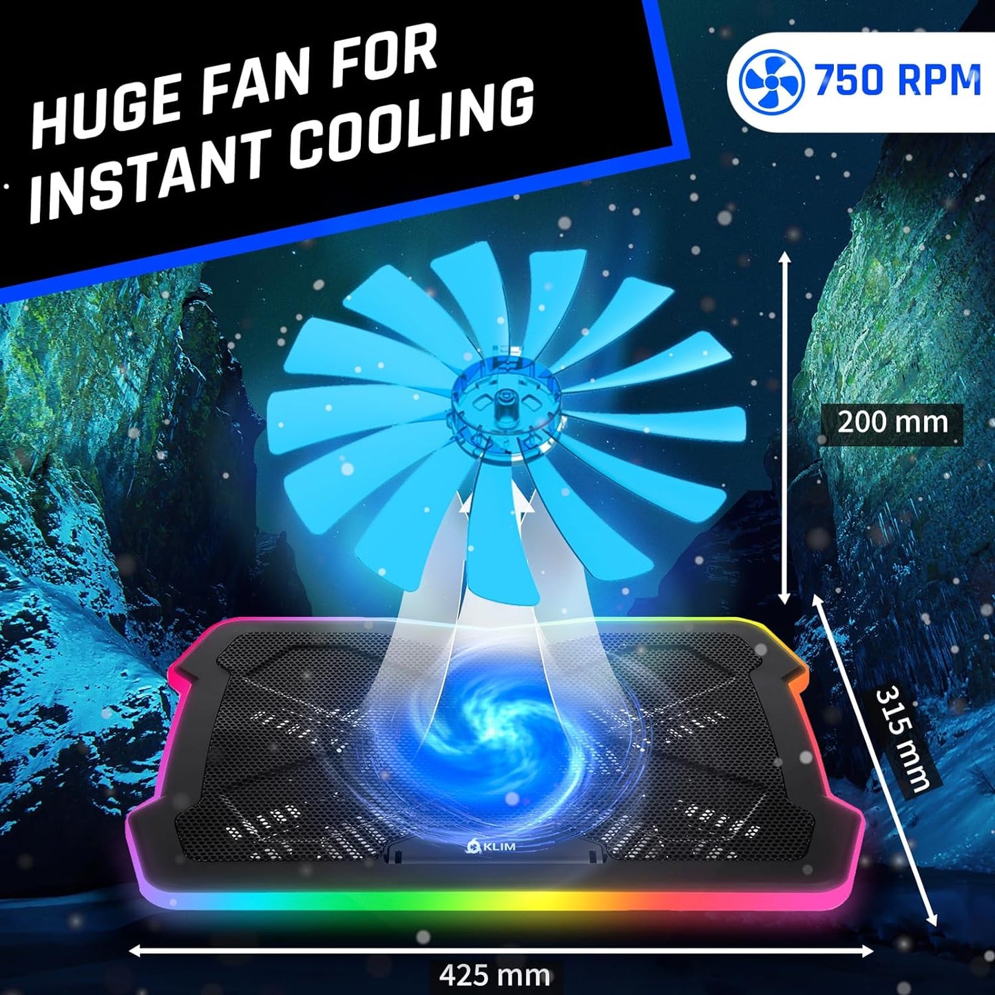 RGB Laptop Cooling Pad with LED Rim - Gaming Laptop Cooler - USB Powered Fan - Stable and Silent Stand - Compatible with Up to 17" Laptops - Black