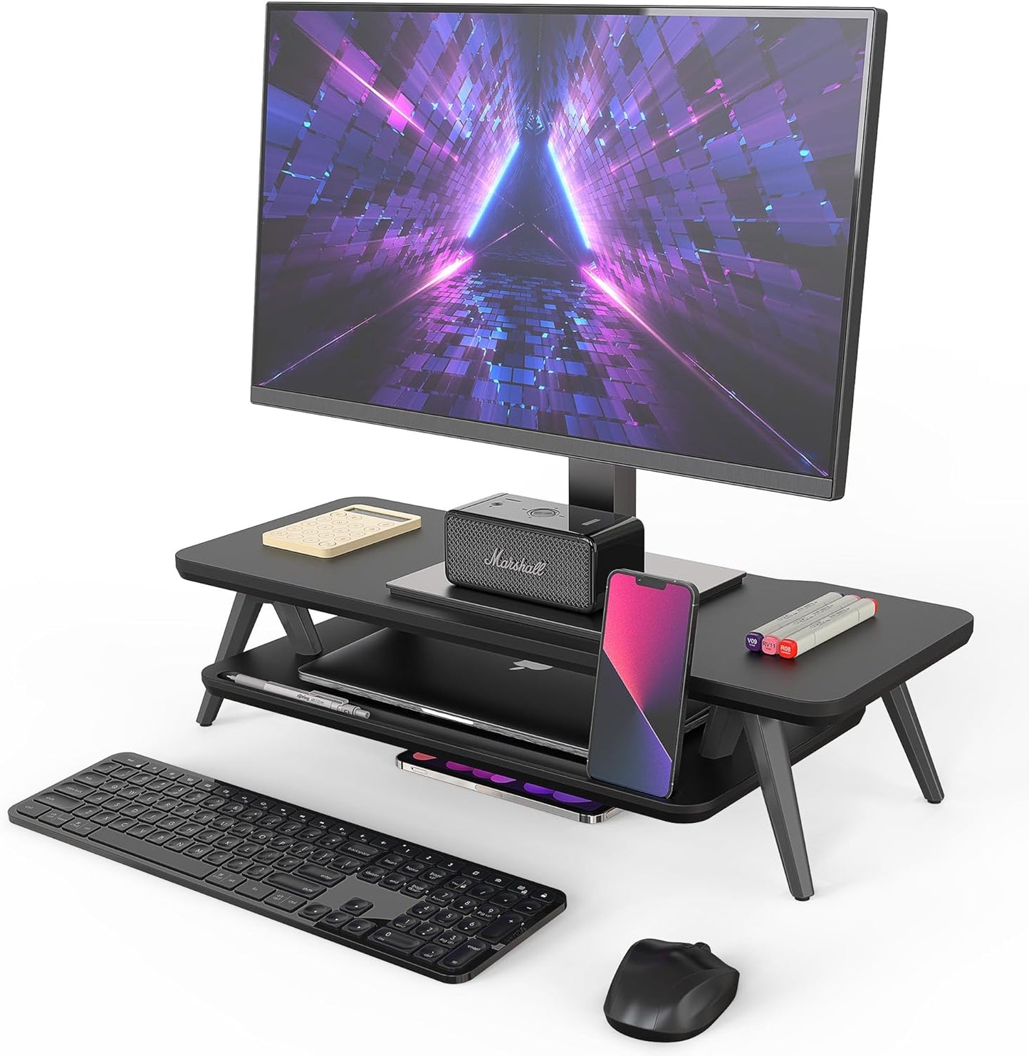 Dual Monitor Stand with Storage Organizer and Cable Management, 42.5-Inch Wooden Desk Shelf for Office Use (White)