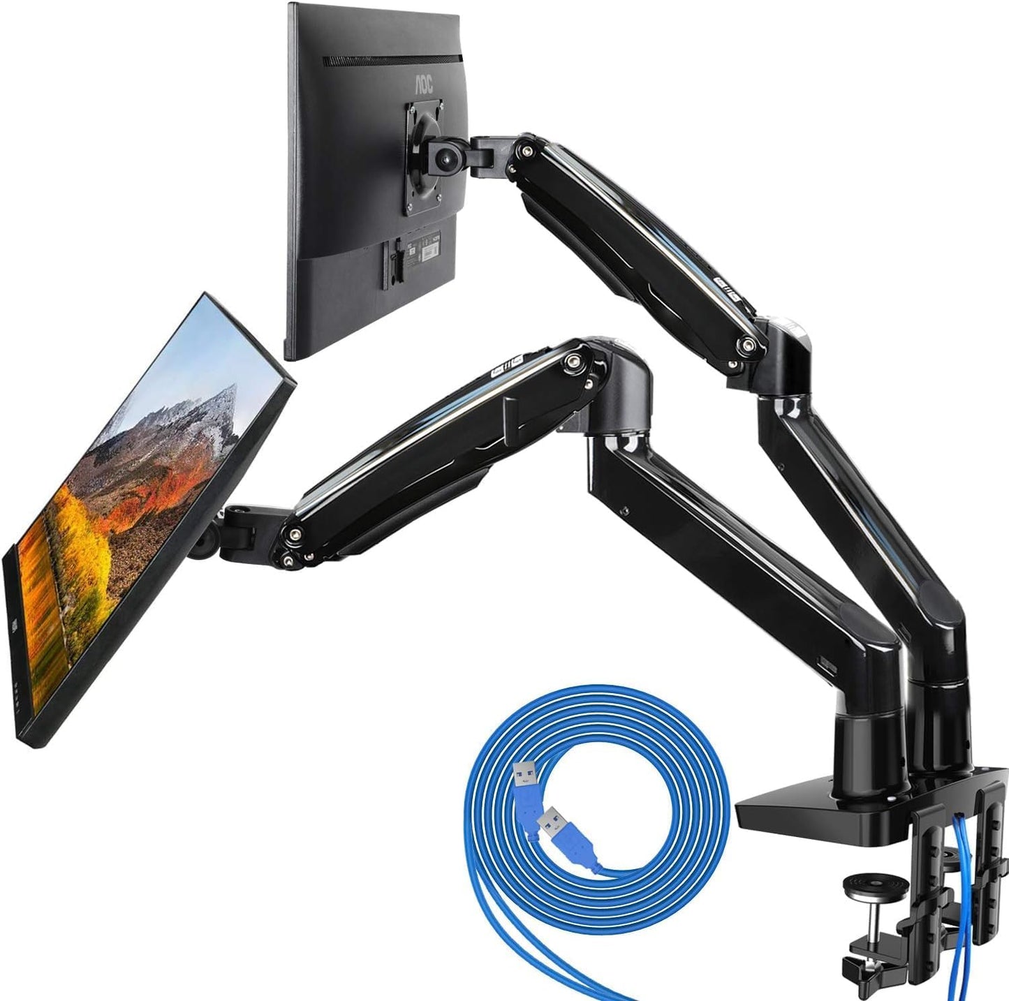 Dual Monitor Arm for 13 to 35 Inch, Height Adjustable Monitor Desk Mount - 2 Computer Screens, Gas Spring Dual Monitor Stand, Clamp/Grommet Base, Each Monitor Arm Hold up to 26.4 Lbs