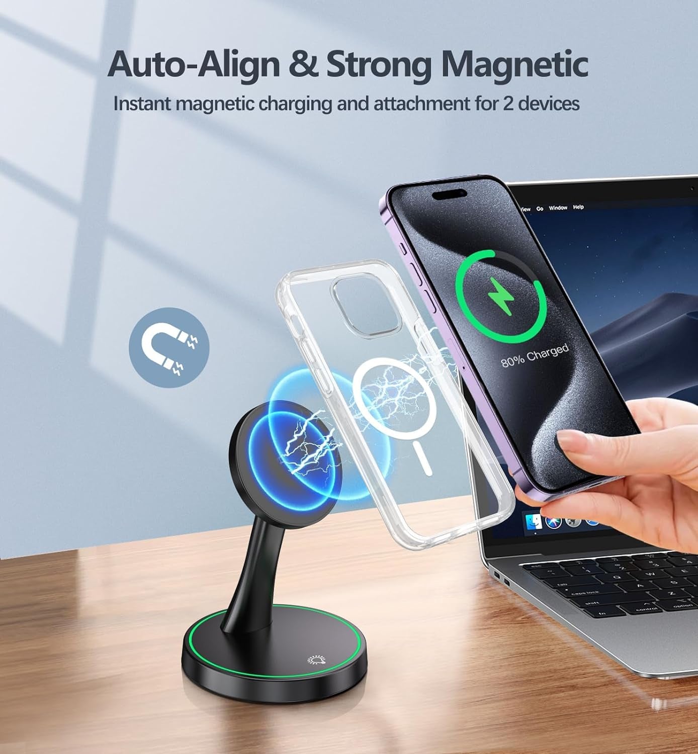 15W Fast Magnetic Wireless Charger Stand for iPhone with Sleep-Friendly Light for AirPods 3/Pro/2