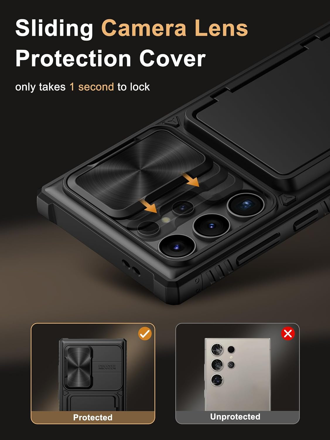 Shockproof Wallet Case for Samsung Galaxy S24 Ultra with Card Holder (4 Cards), Slide Camera Cover, and Kickstand – Black
