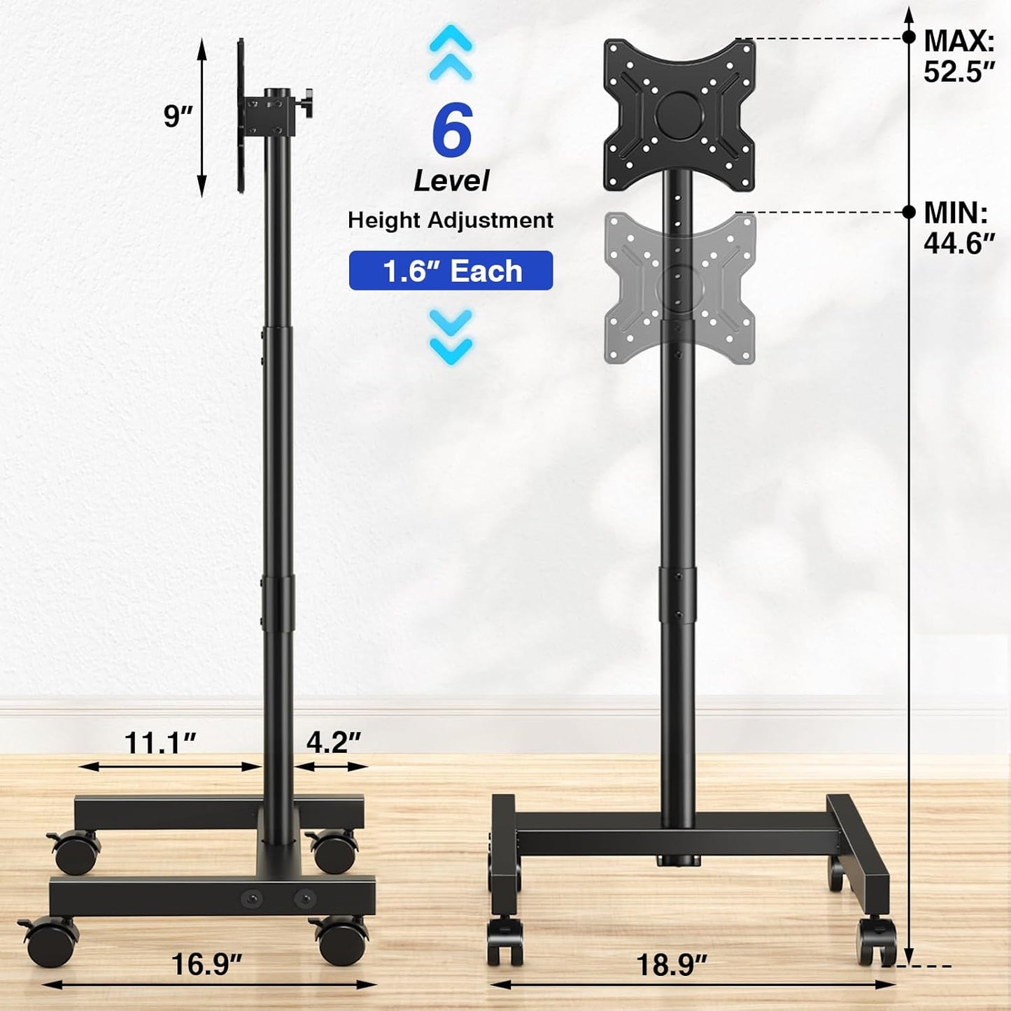 Mobile TV Stand with Wheels for 13-50 Inch LED and LCD Screens, Adjustable Tilting and Rotating Mount, Height-Adjustable Rolling Cart