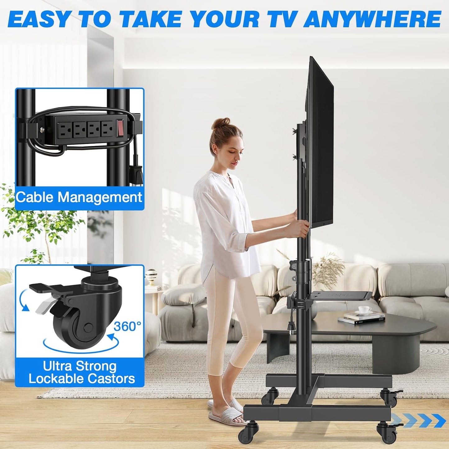 Enhanced Mobile TV Cart with Power Outlet, Durable Rolling Stand for 32-85 Inch TVs up to 132 lbs, Height Adjustable Portable Floor Stand