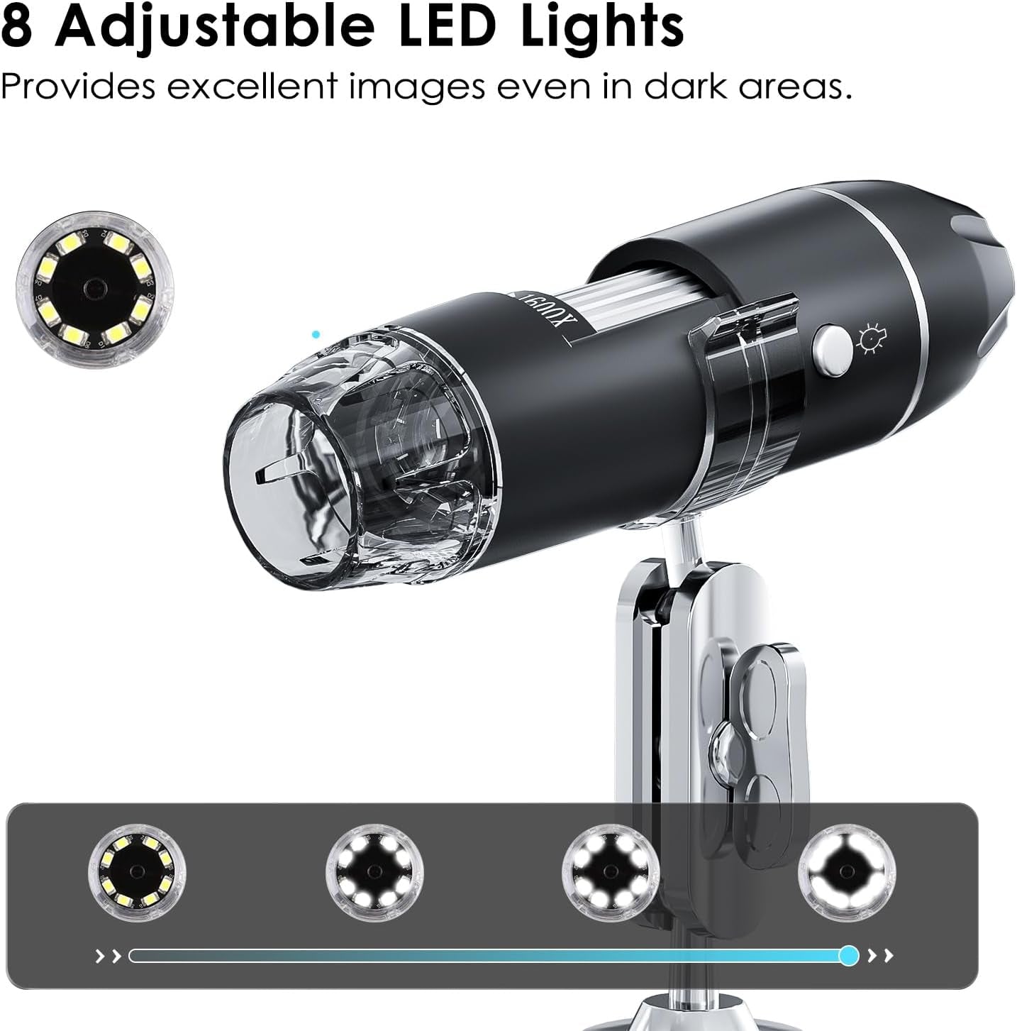 USB Digital Microscope Camera - Handheld HD Inspection Device - 50X-1600X Magnification, Adjustable Stand, 8 LED Lights, for iOS & Android (Black)
