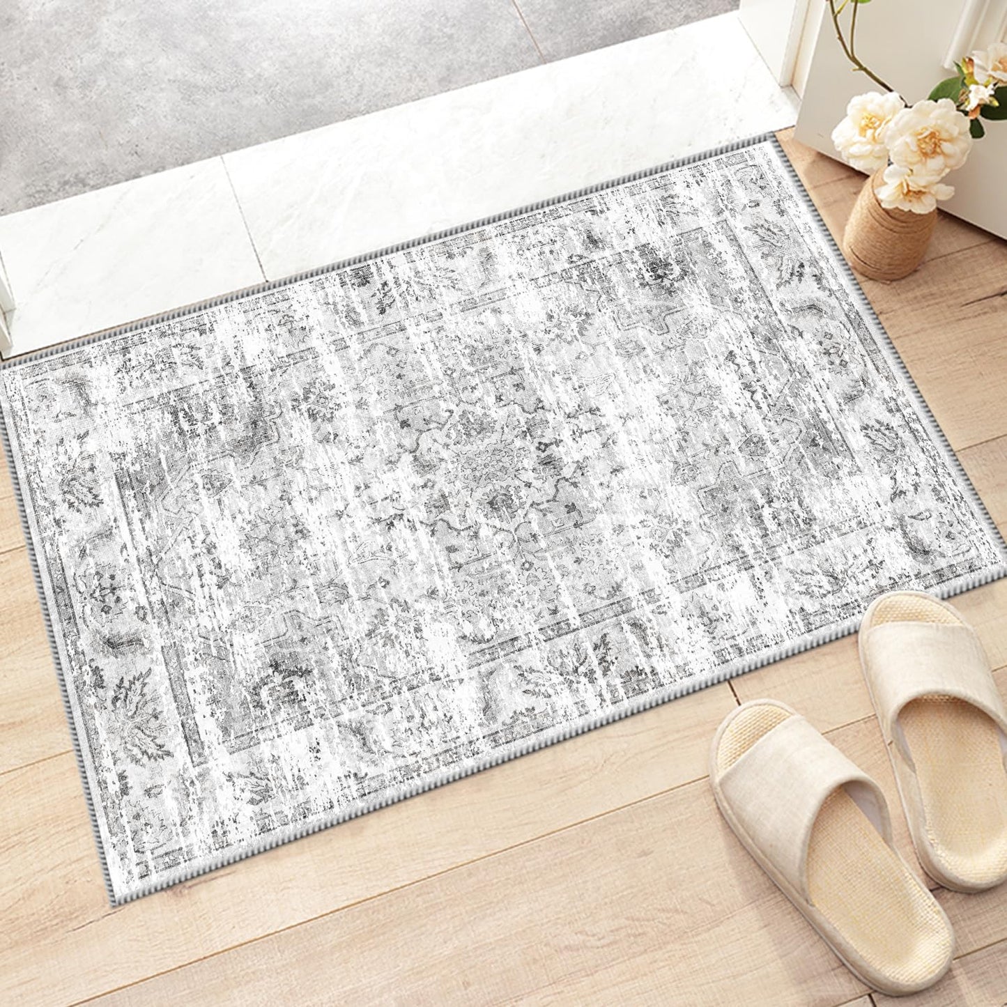 Boho Non-Slip Washable Runner Rug for Hallway and Kitchen, 2x5 Ft Light Grey Area Mat for Bedroom, Bath, Laundry, and Entryway
