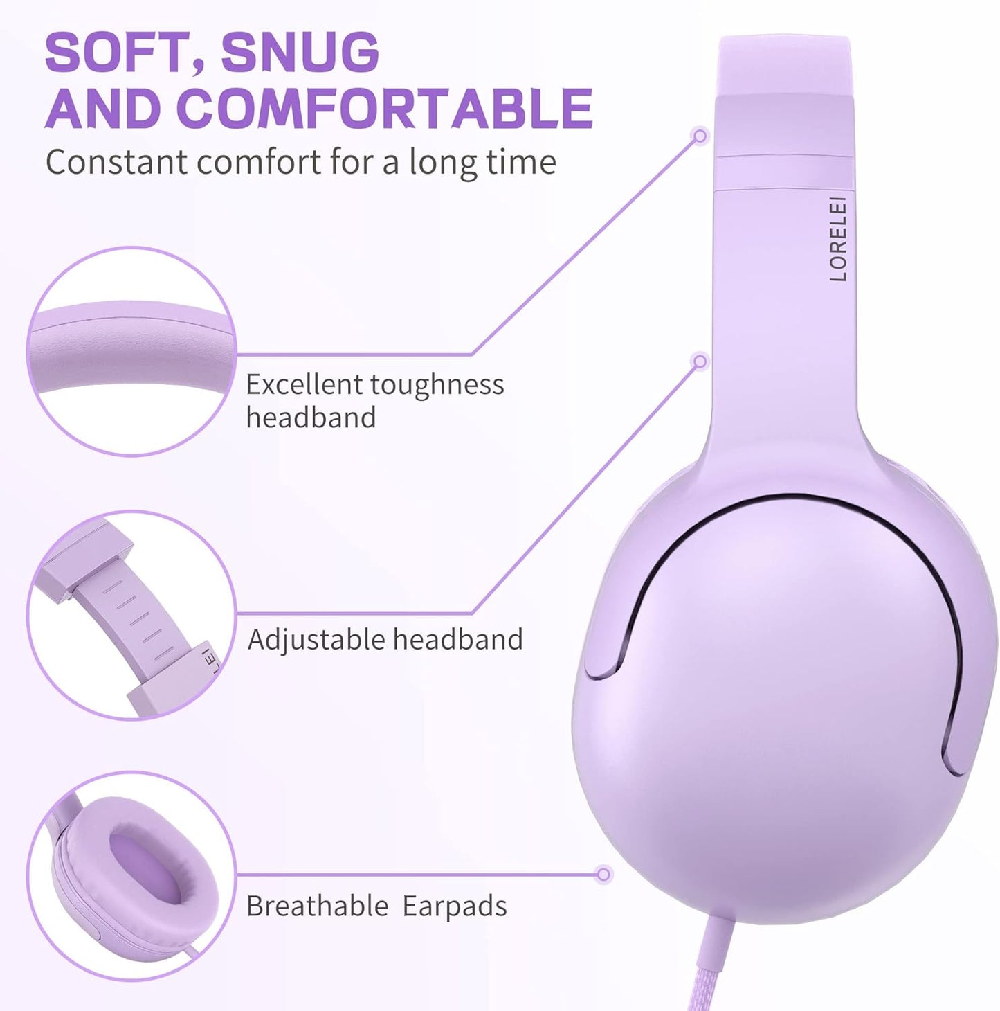 Foldable Wired Headphones for Kids with Tangle-Free Nylon Wire and 3.5mm Jack - Stereo On-Ear Headsets for Tablets, iPads, and Travel (Purple)