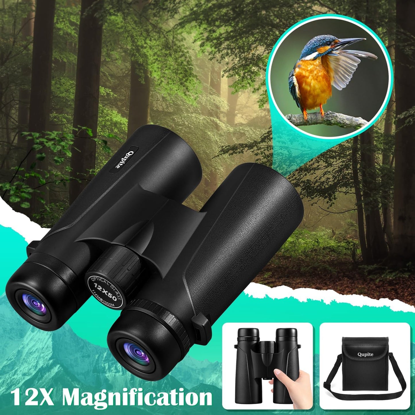 12X50 High-Power Compact Binoculars for Adults with Clear Vision and Easy Focus, Includes Carrying Case and Strap
