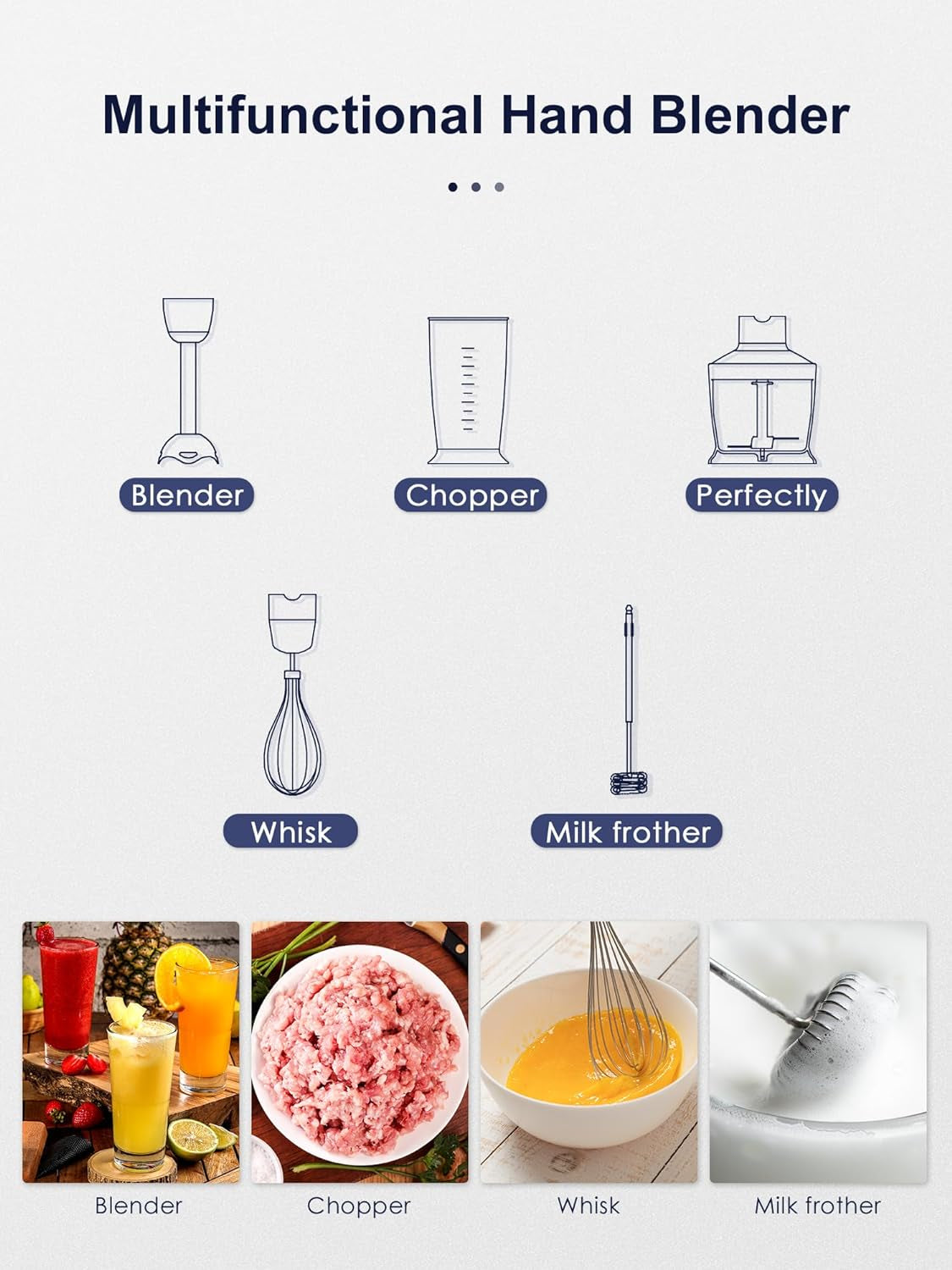 5-in-1 Handheld Immersion Blender, 1000W with Copper Motor and Stainless Steel Blade, Mixing Beaker, Food Processor, Whisk, Milk Frother(Black)