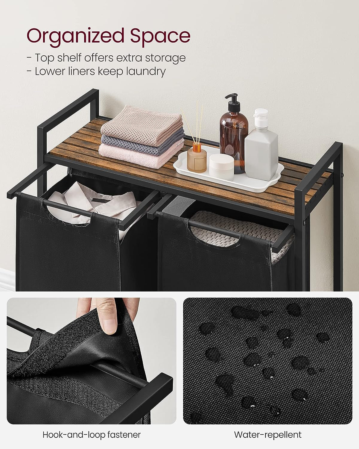 Rustic Brown and Black Laundry Hamper with Metal Frame, Dual Pull-Out Removable Bags, and Shelf - (46L), 28.8 x 13 x 28.4 Inches