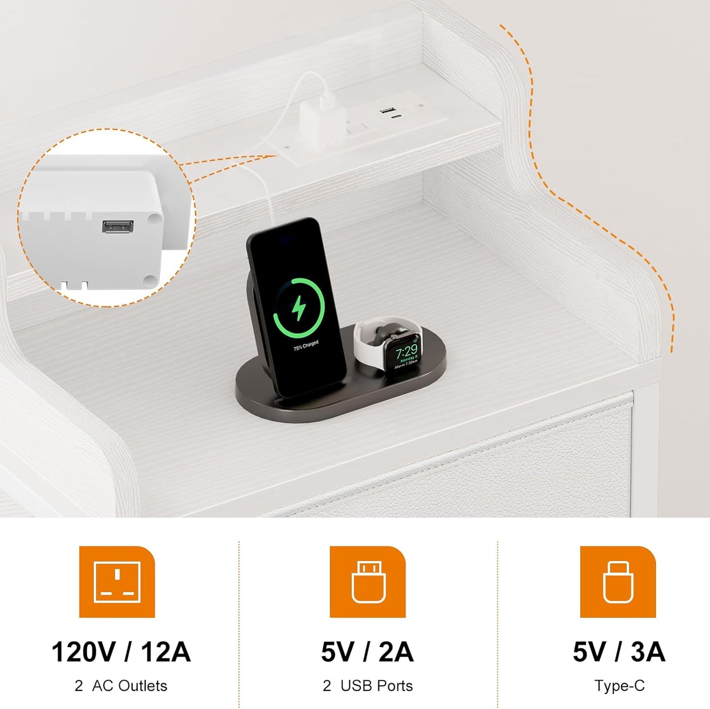 Elegant White Bedroom Dresser - Integrated Charging Station, LED Lighting, Durable Steel Frame, Wood Top - Leather White Finish