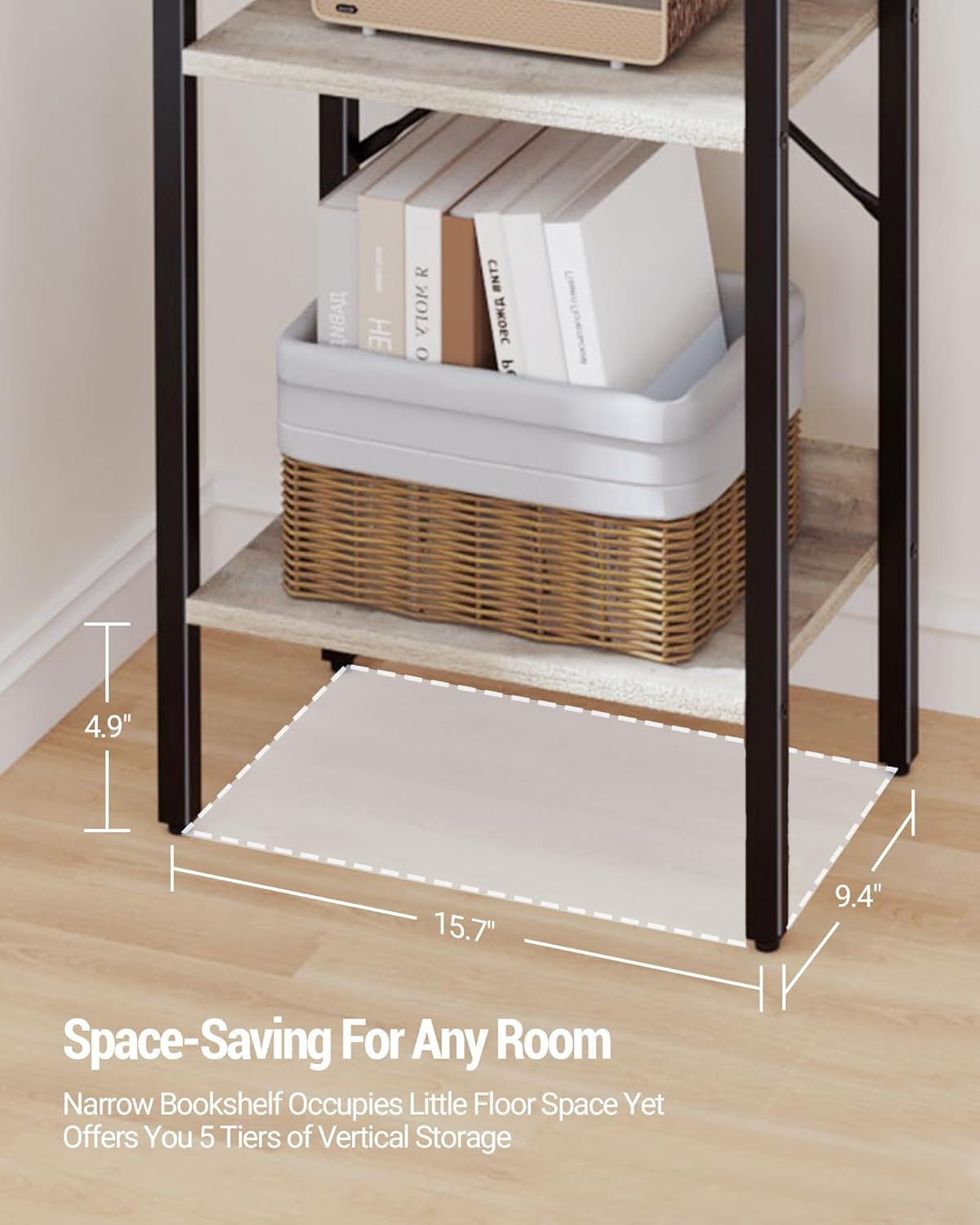 Industrial 5-Tier Bookshelf with Hooks - Greige Corner Storage Organizer for Home Office, Living Room, Bedroom, and Kitchen