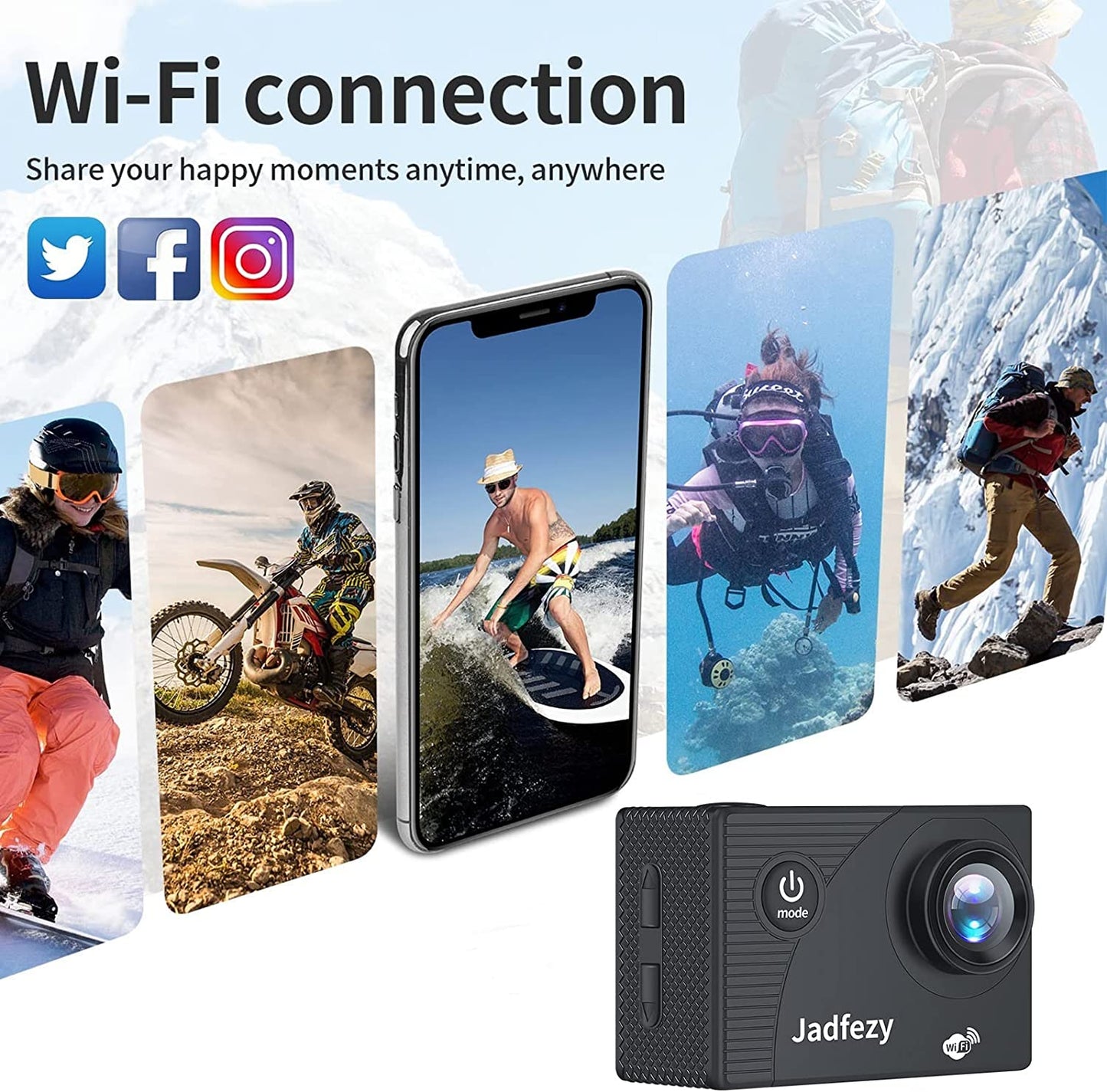 Ultra HD 1080P WiFi Action Camera, 12MP Sports Camera - Wide-Angle Lens, 2" LCD Screen, 30M Waterproof Capability, 2 Batteries, Accessories Kit