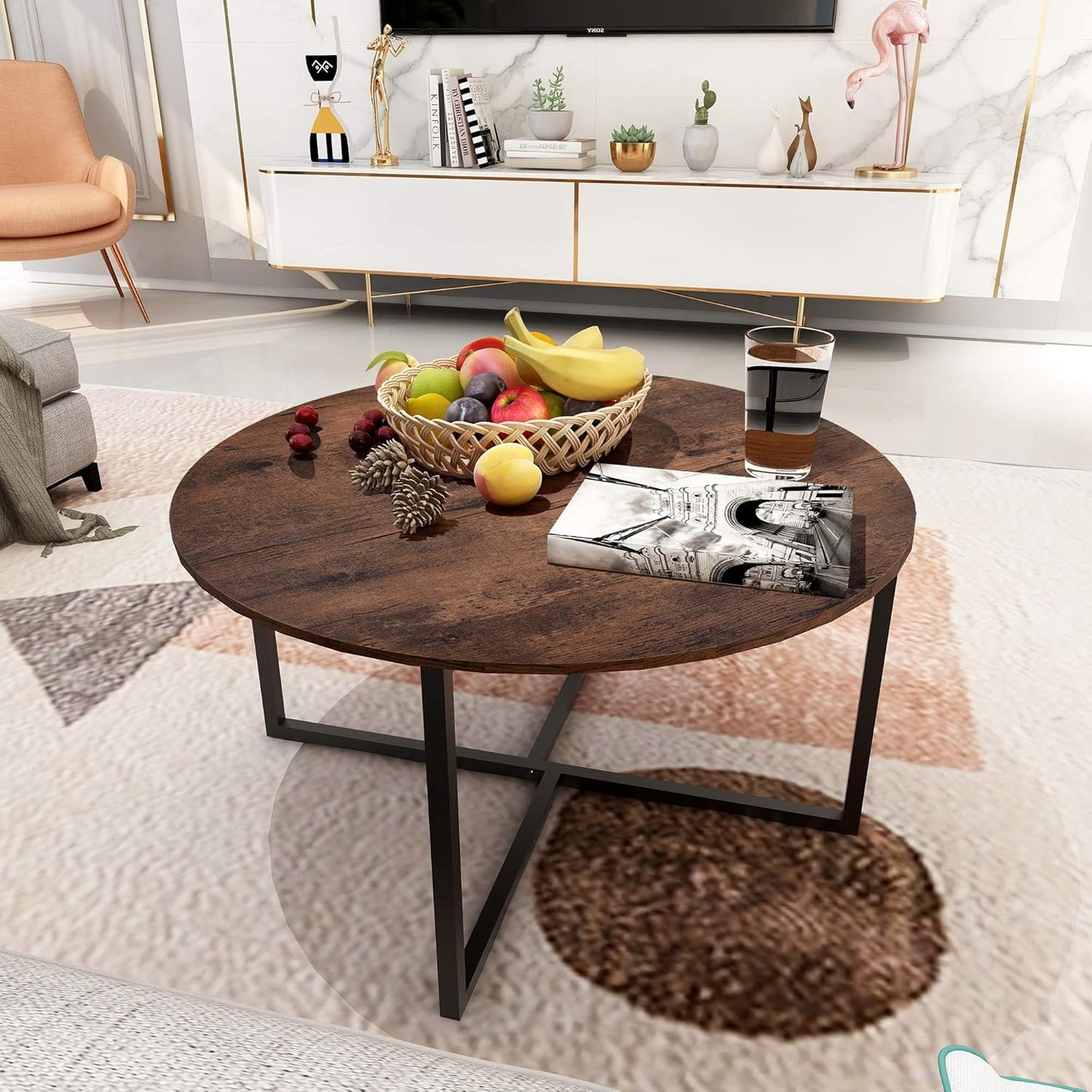 Round Coffee Table with X Base Metal Frame, Accent Furniture for Home Office, Black and Brown
