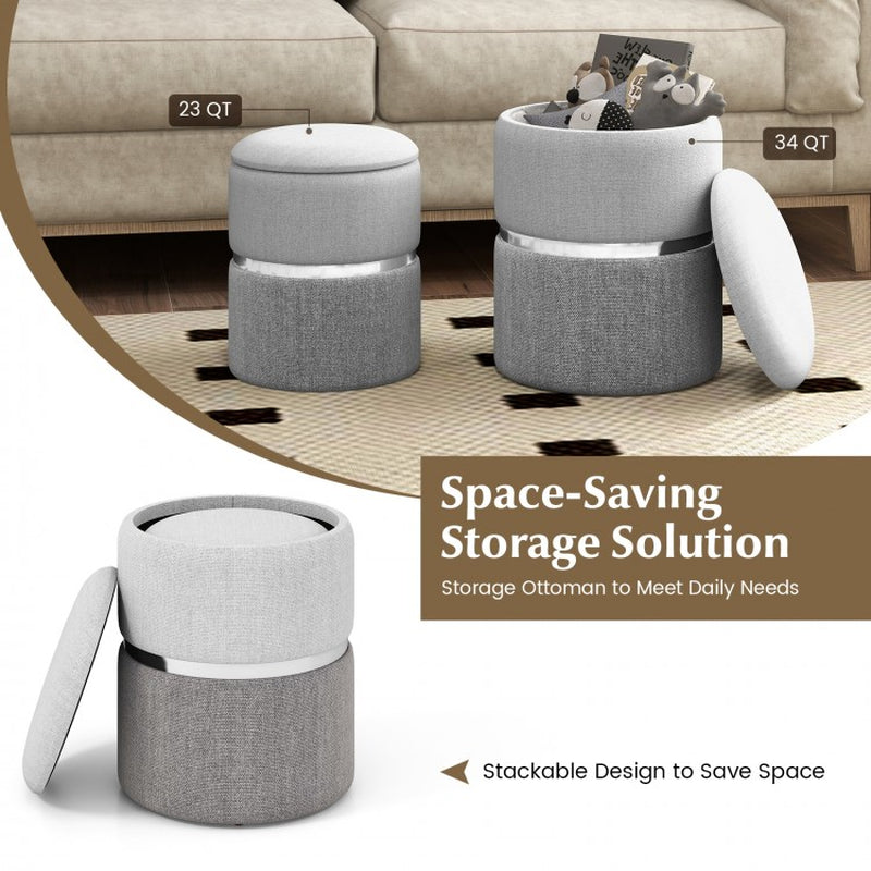 Set of 2 Velvet and Linen Fabric Storage Ottomans